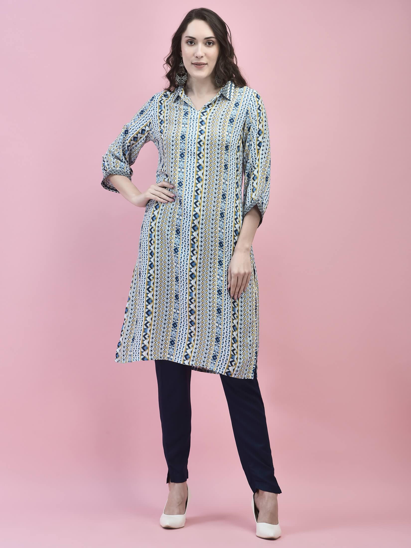 Women Liva Rayon White Geometric Print Kurta.
