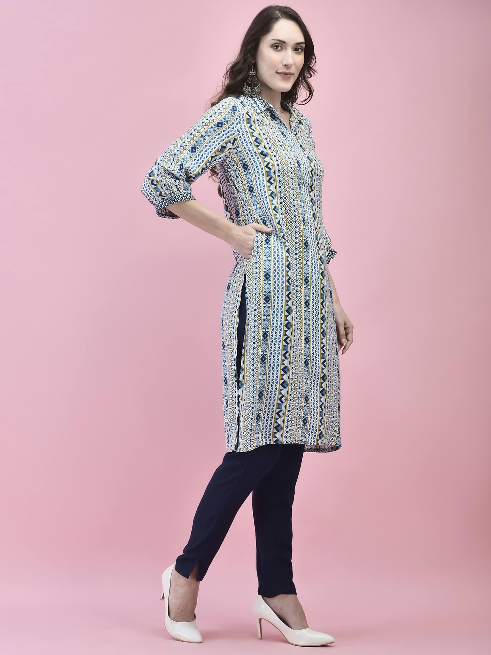 Women Liva Rayon White Geometric Print Kurta.