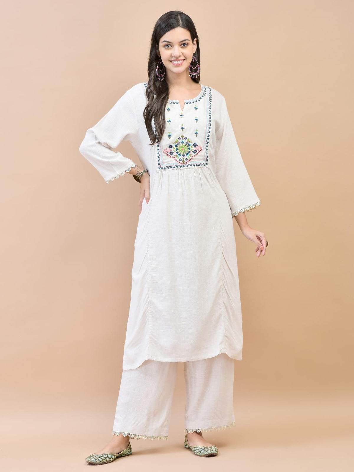 Women Liva (Rayon) Off White Embroidered Kurta Comfort Pant Dupatta.
