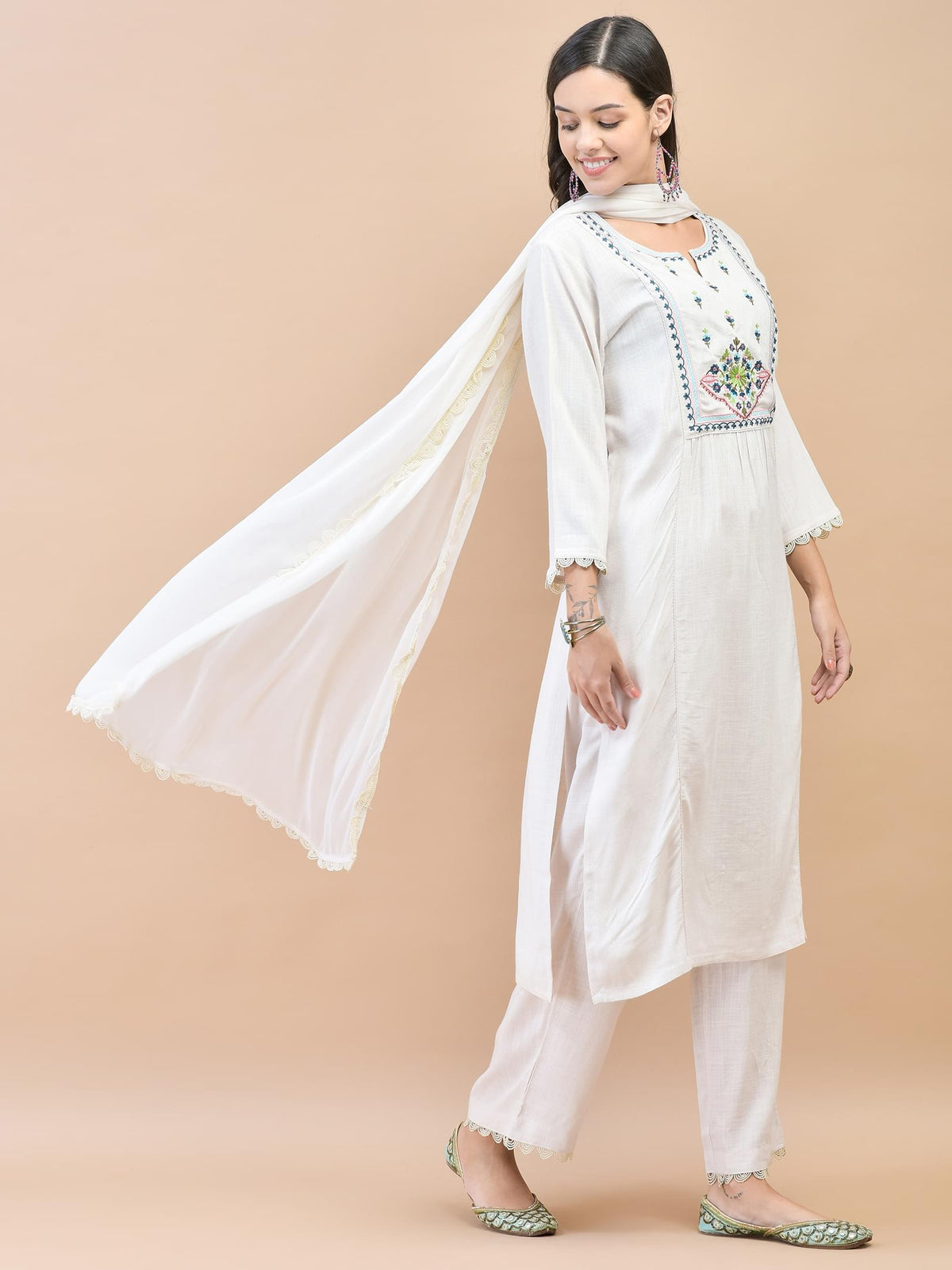 Women Liva (Rayon) Off White Embroidered Kurta Comfort Pant Dupatta.