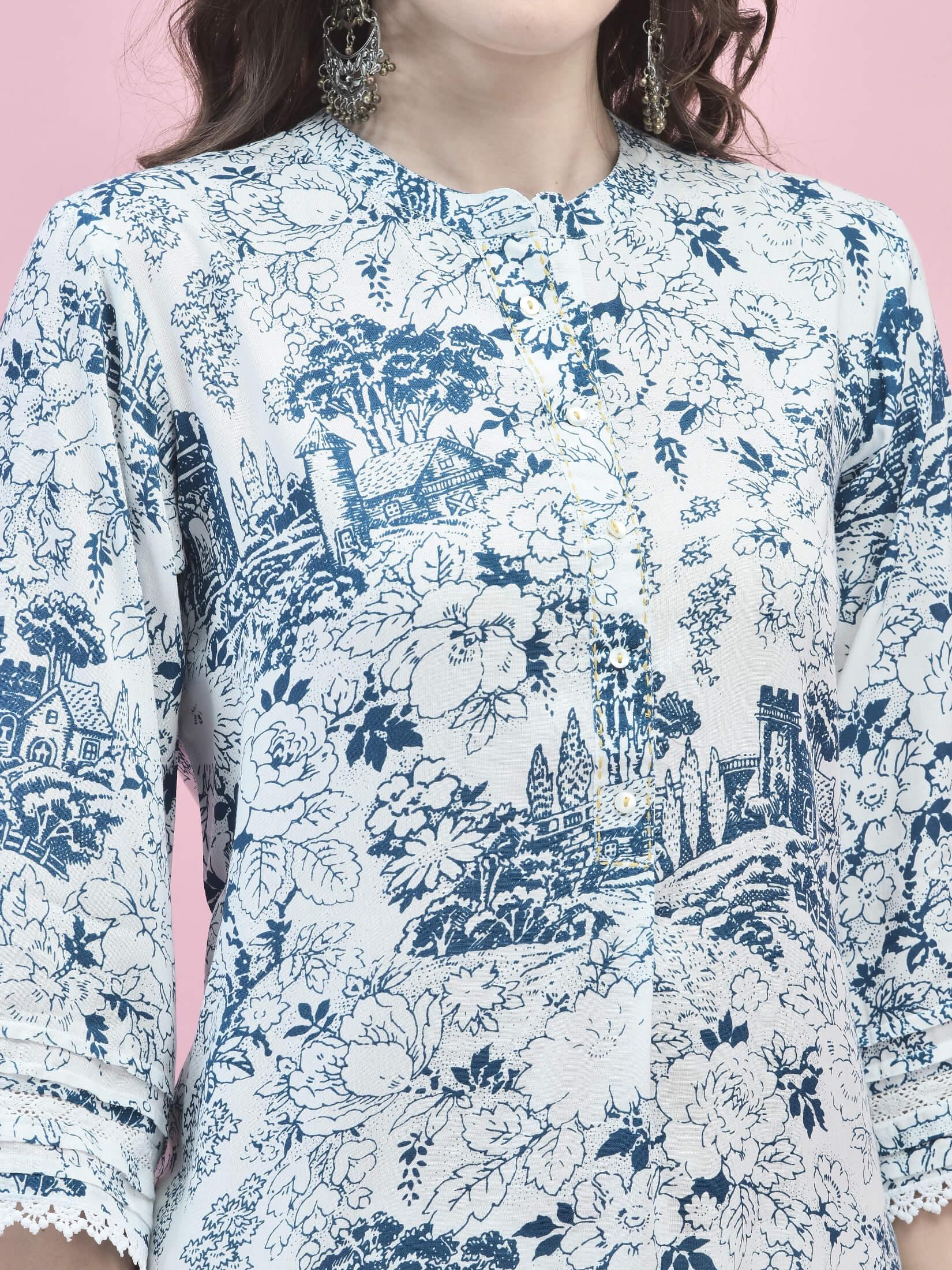 Women Liva Rayon White Floral Print Kurti.
