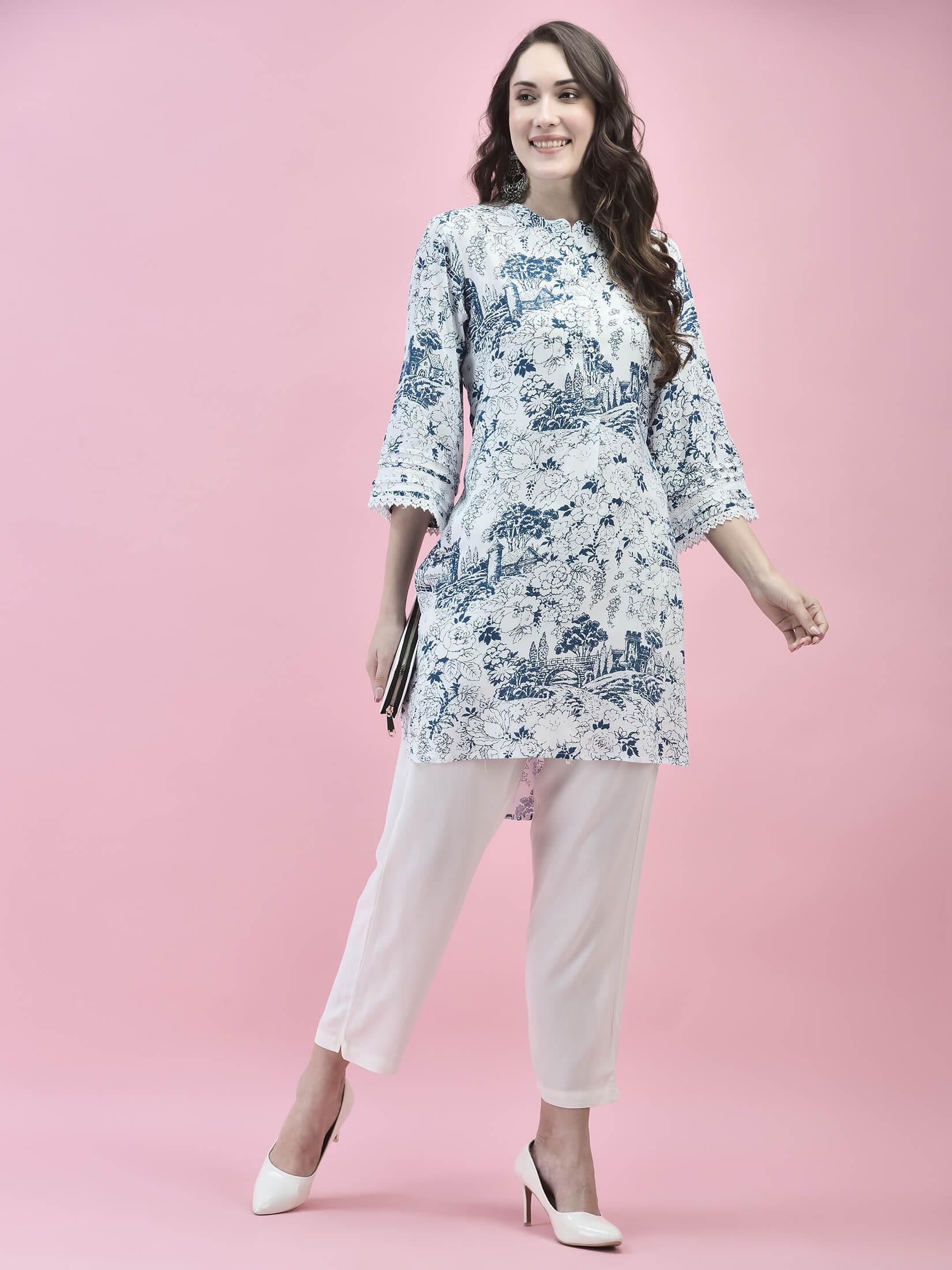 Women Liva Rayon White Floral Print Kurti.
