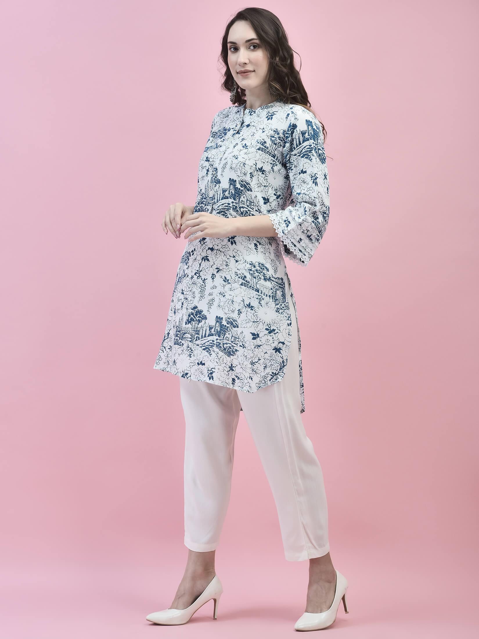Women Liva Rayon White Floral Print Kurti.