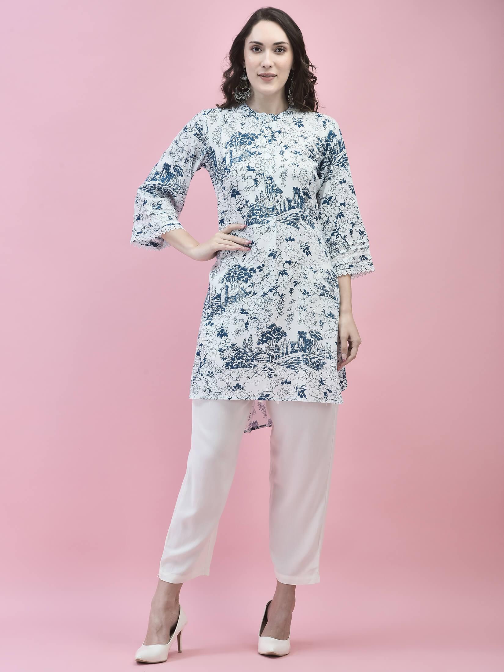 Women Liva Rayon White Floral Print Kurti.