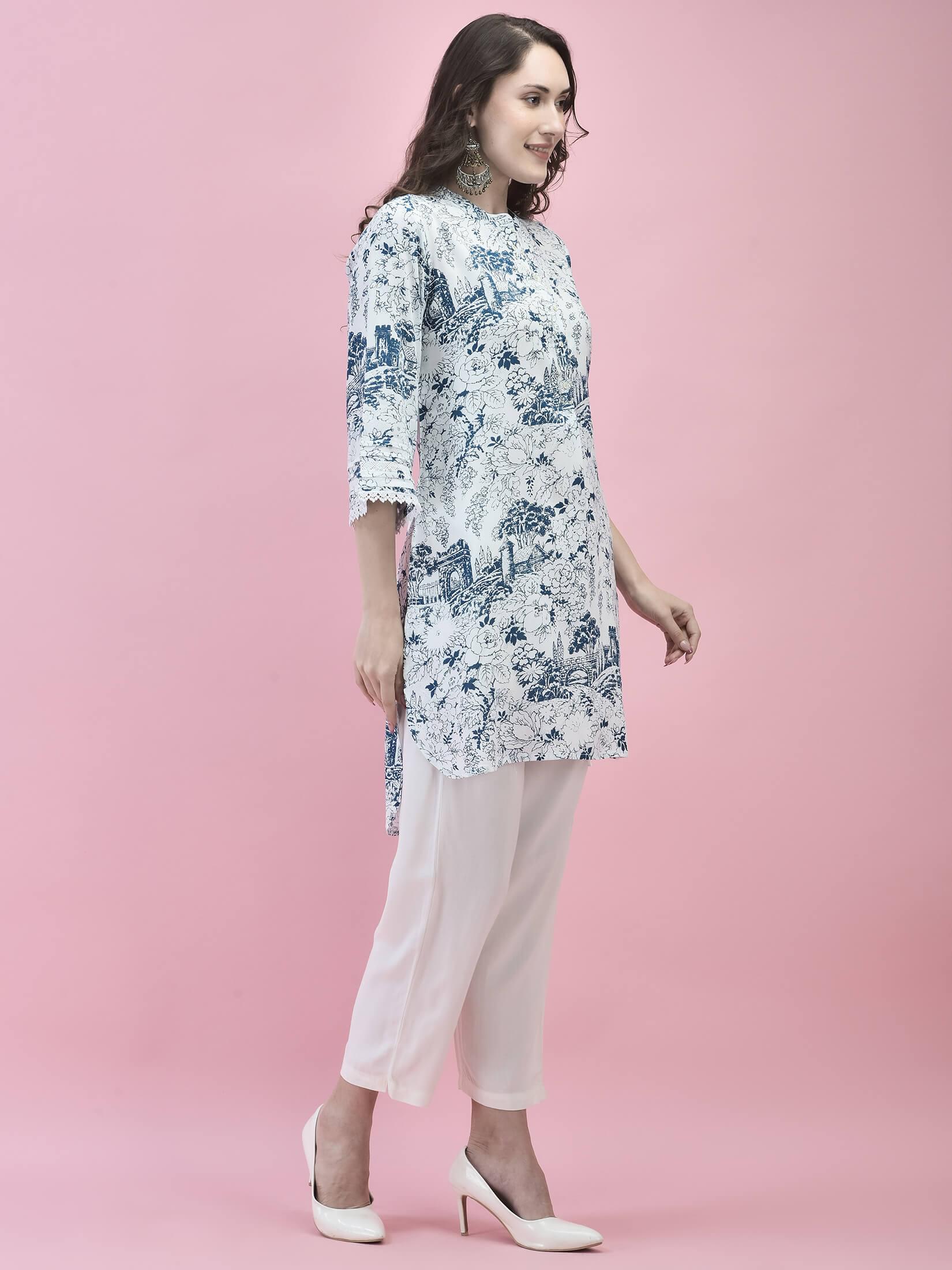Women Liva Rayon White Floral Print Kurti.