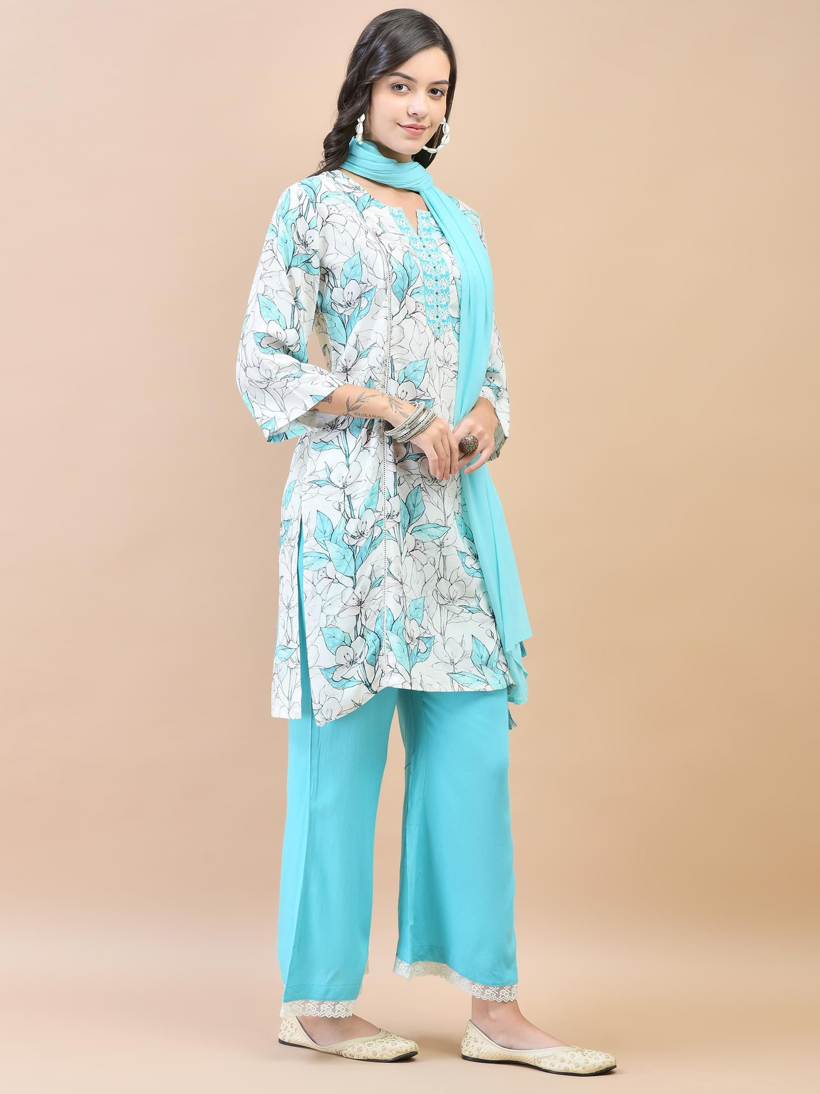 Women Liva (Rayon) Blue Floral Print Kurta Wide Leg Pant Dupatta.