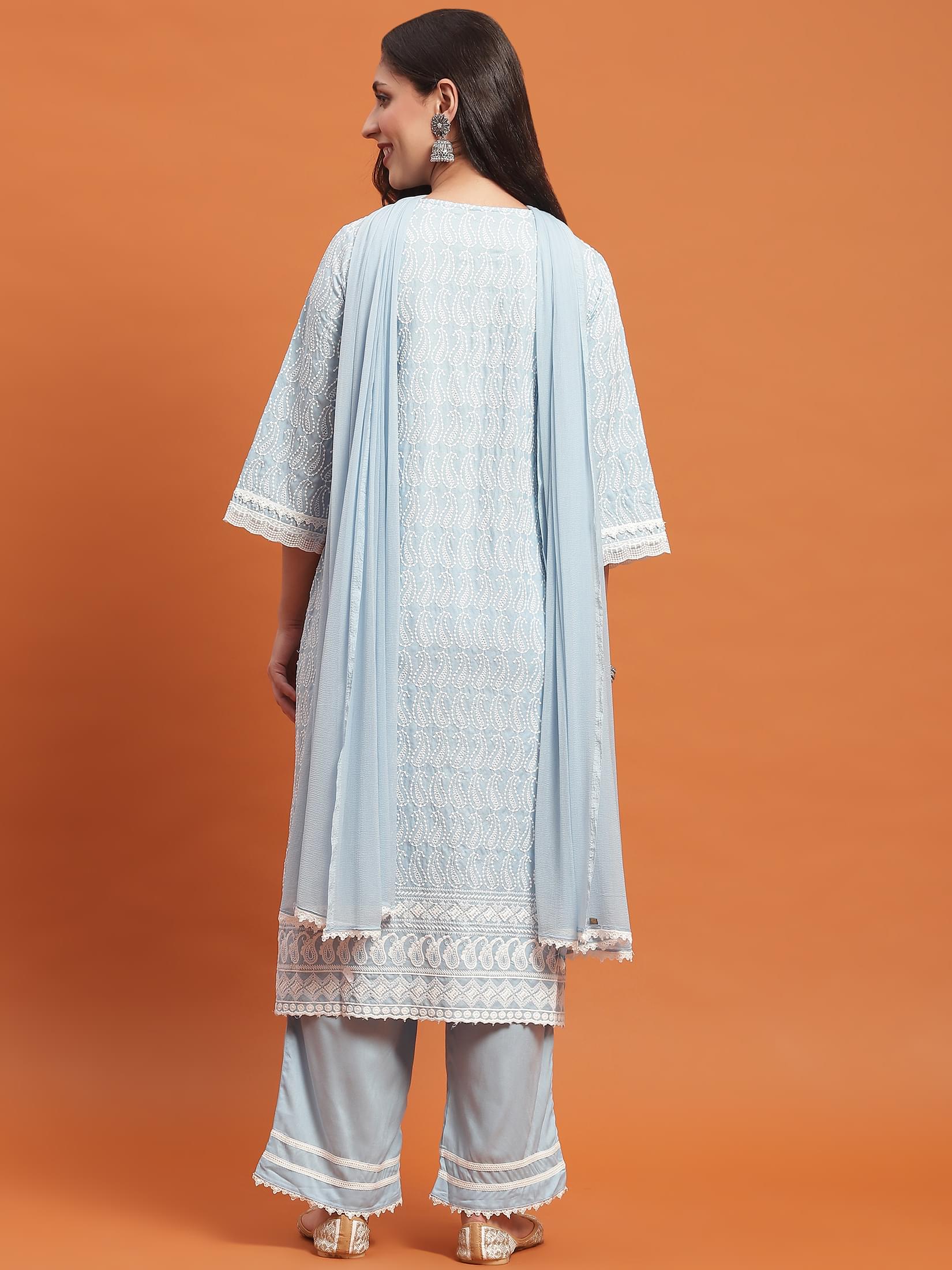 Women Blue Embroidered Kurta Comfort Pant Dupatta.