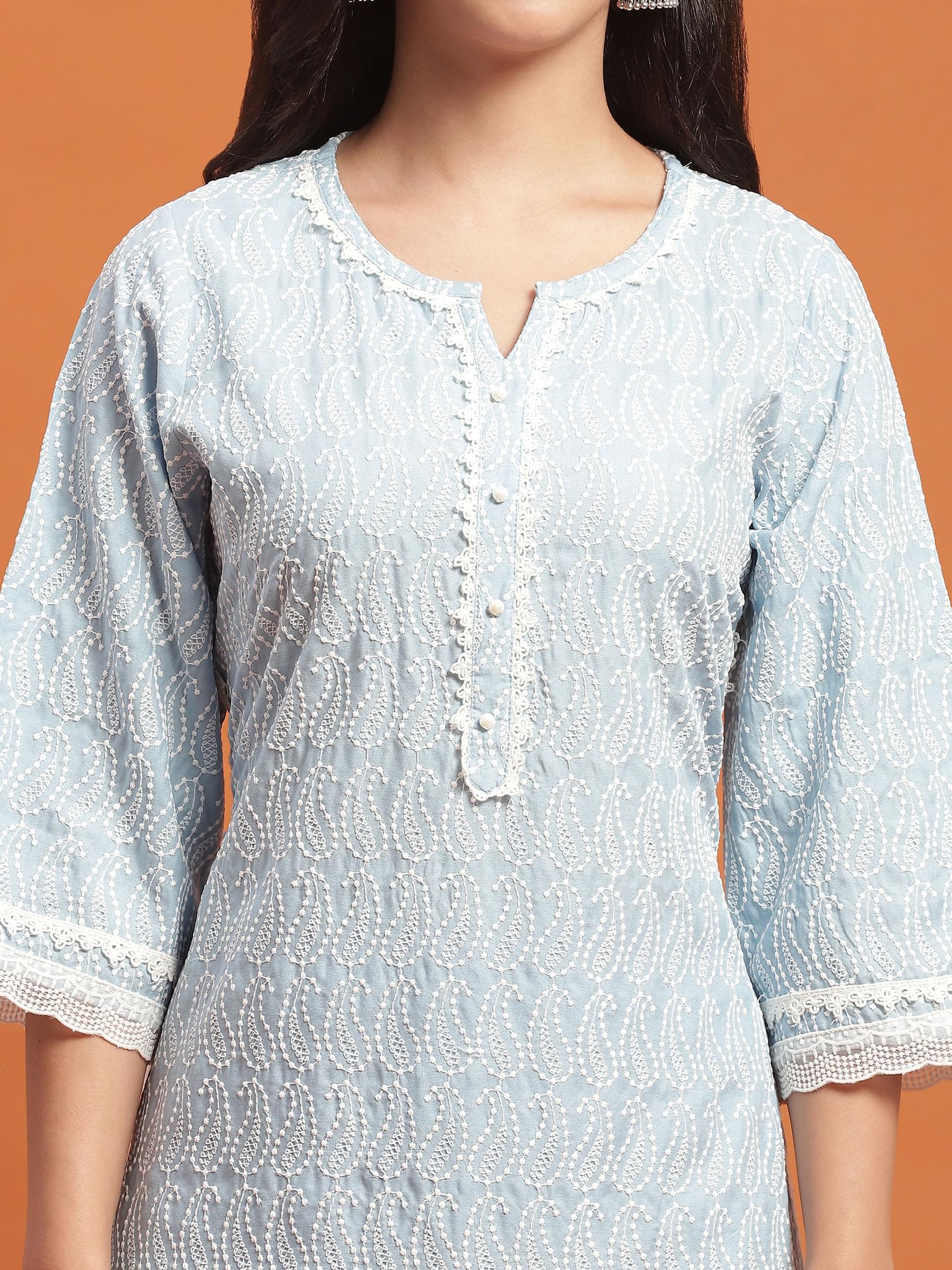 Women Blue Embroidered Kurta Comfort Pant Dupatta.