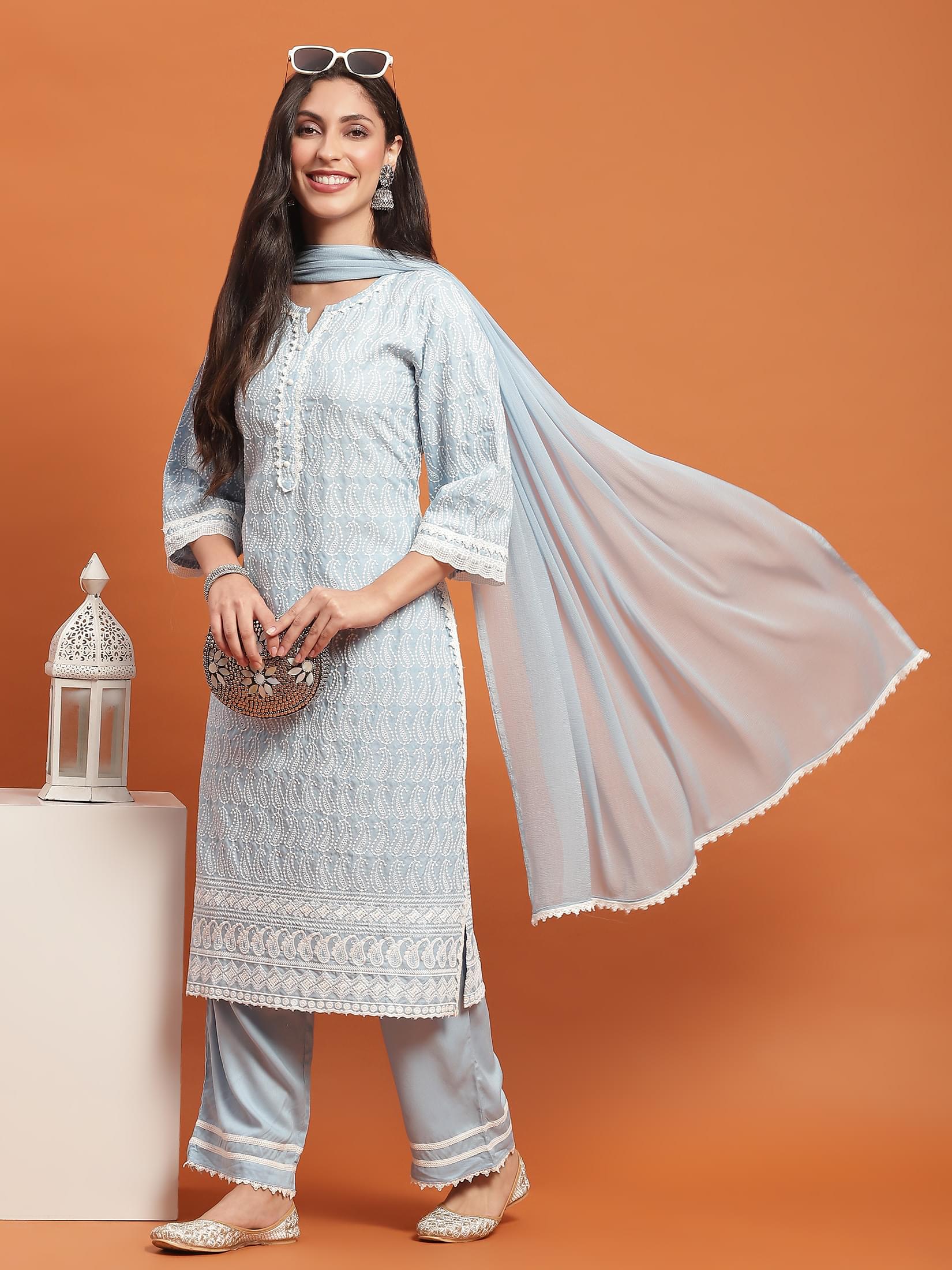 Women Blue Embroidered Kurta Comfort Pant Dupatta.