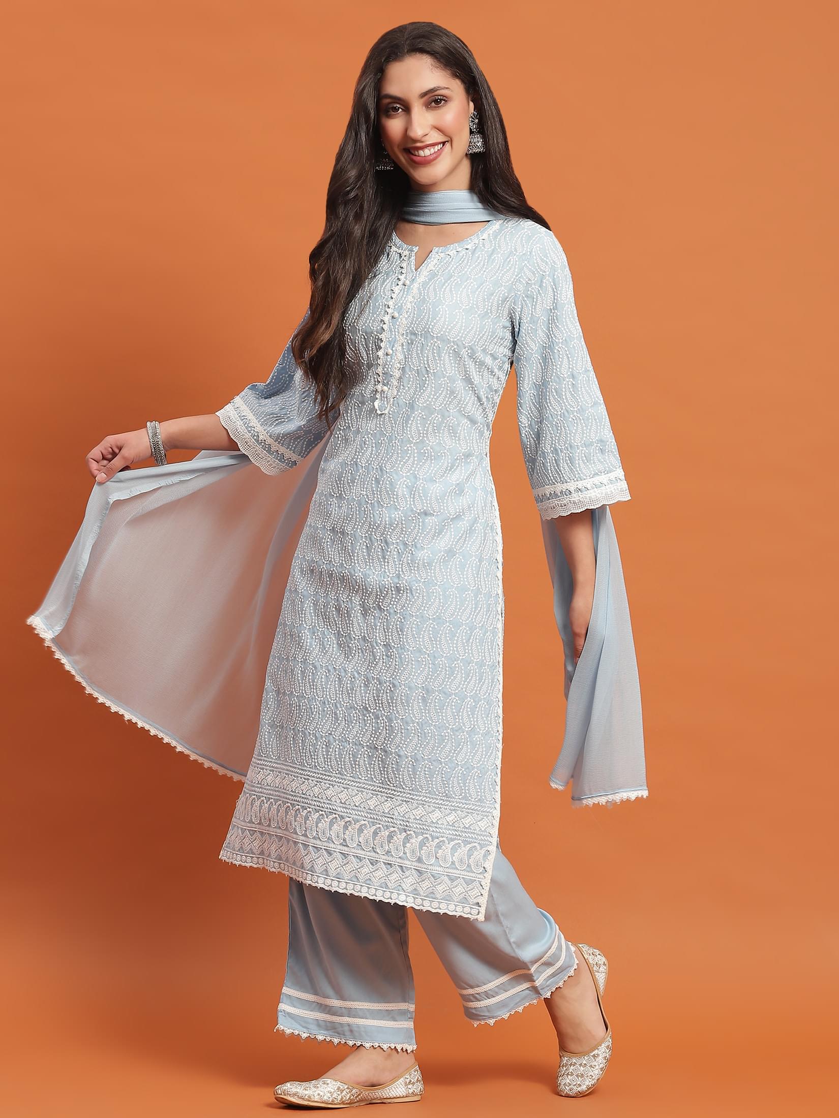 Women Blue Embroidered Kurta Comfort Pant Dupatta.