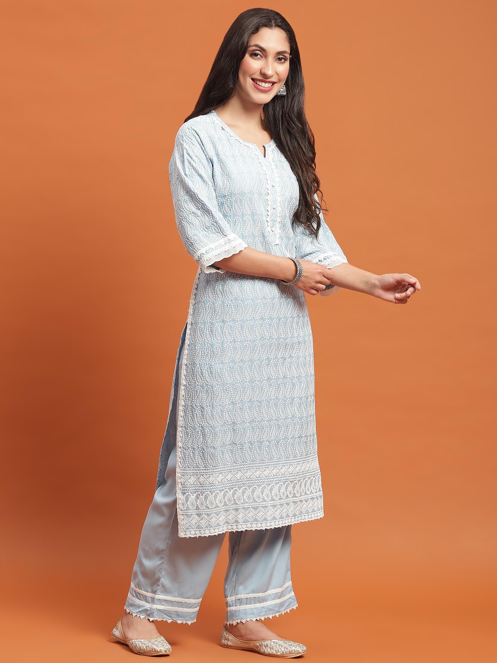 Women Blue Embroidered Kurta Comfort Pant Dupatta.