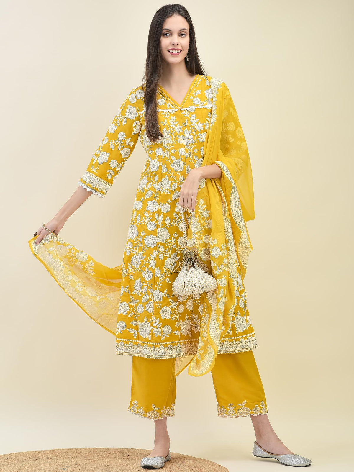 Women Mustard Yellow Chiffon Kurta Comfort Pant Dupatta.