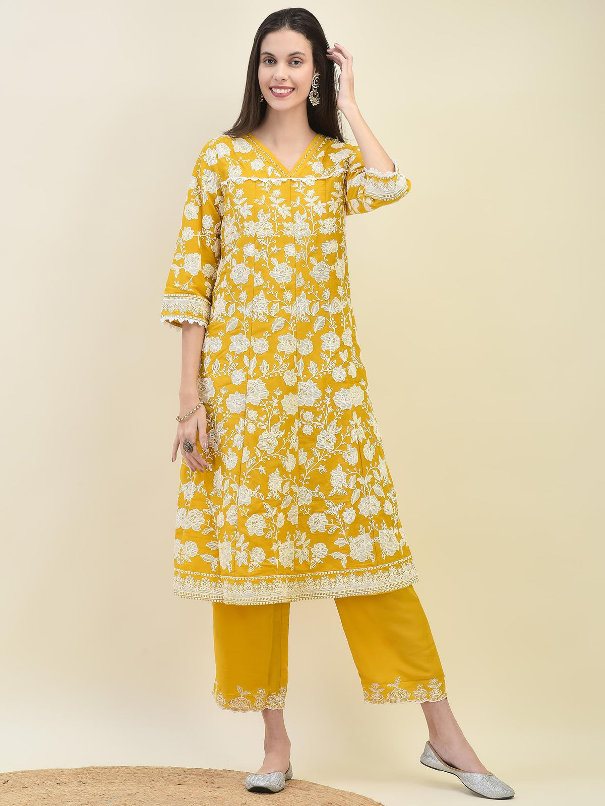 Women Mustard Yellow Chiffon Kurta Comfort Pant Dupatta.