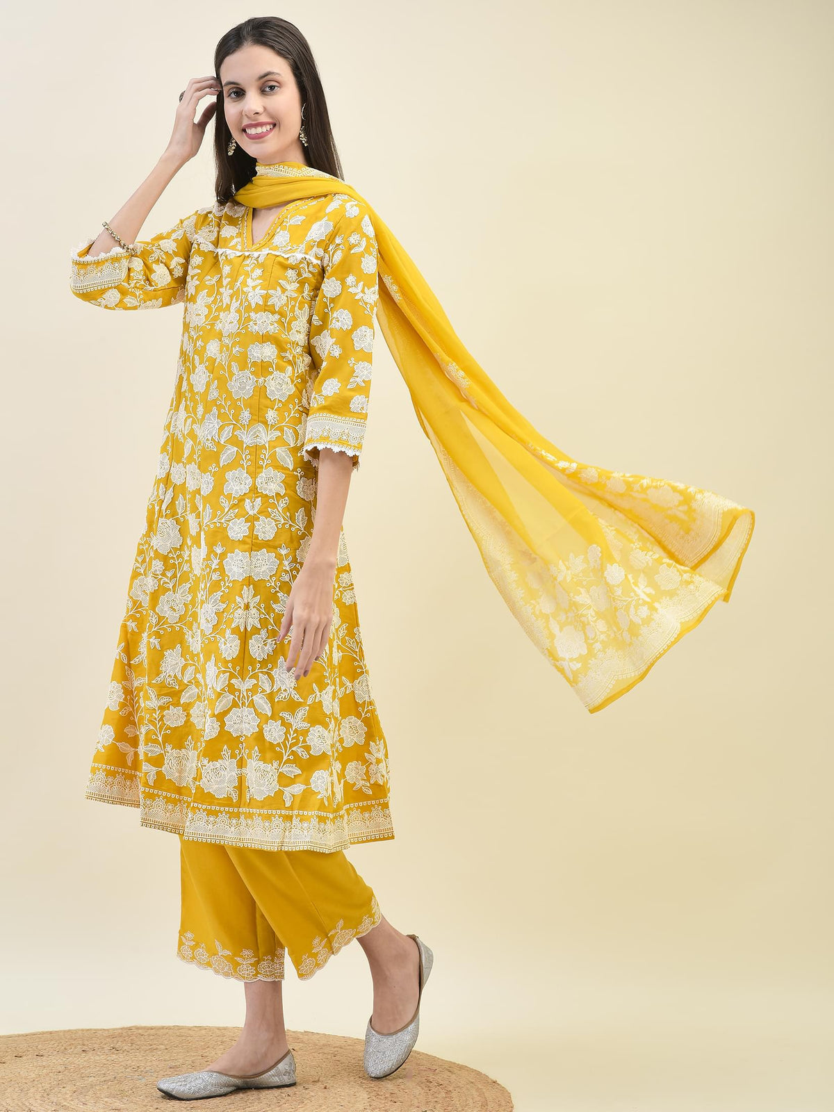 Women Mustard Yellow Chiffon Kurta Comfort Pant Dupatta.