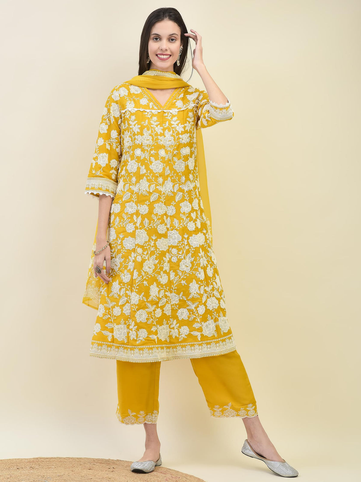 Women Mustard Yellow Chiffon Kurta Comfort Pant Dupatta.