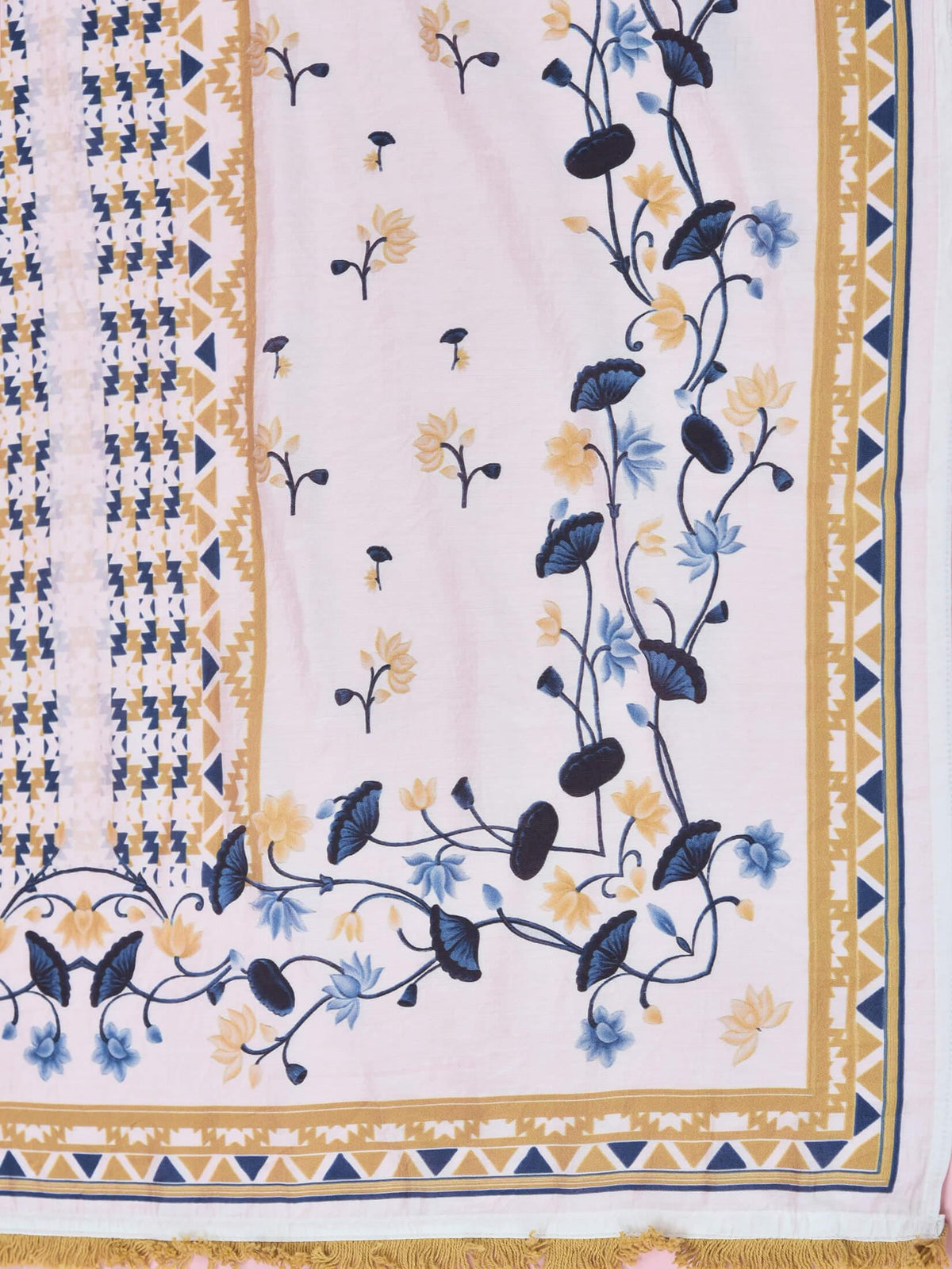 Women Muslin White Floral Print Kurta Trouser Dupatta.