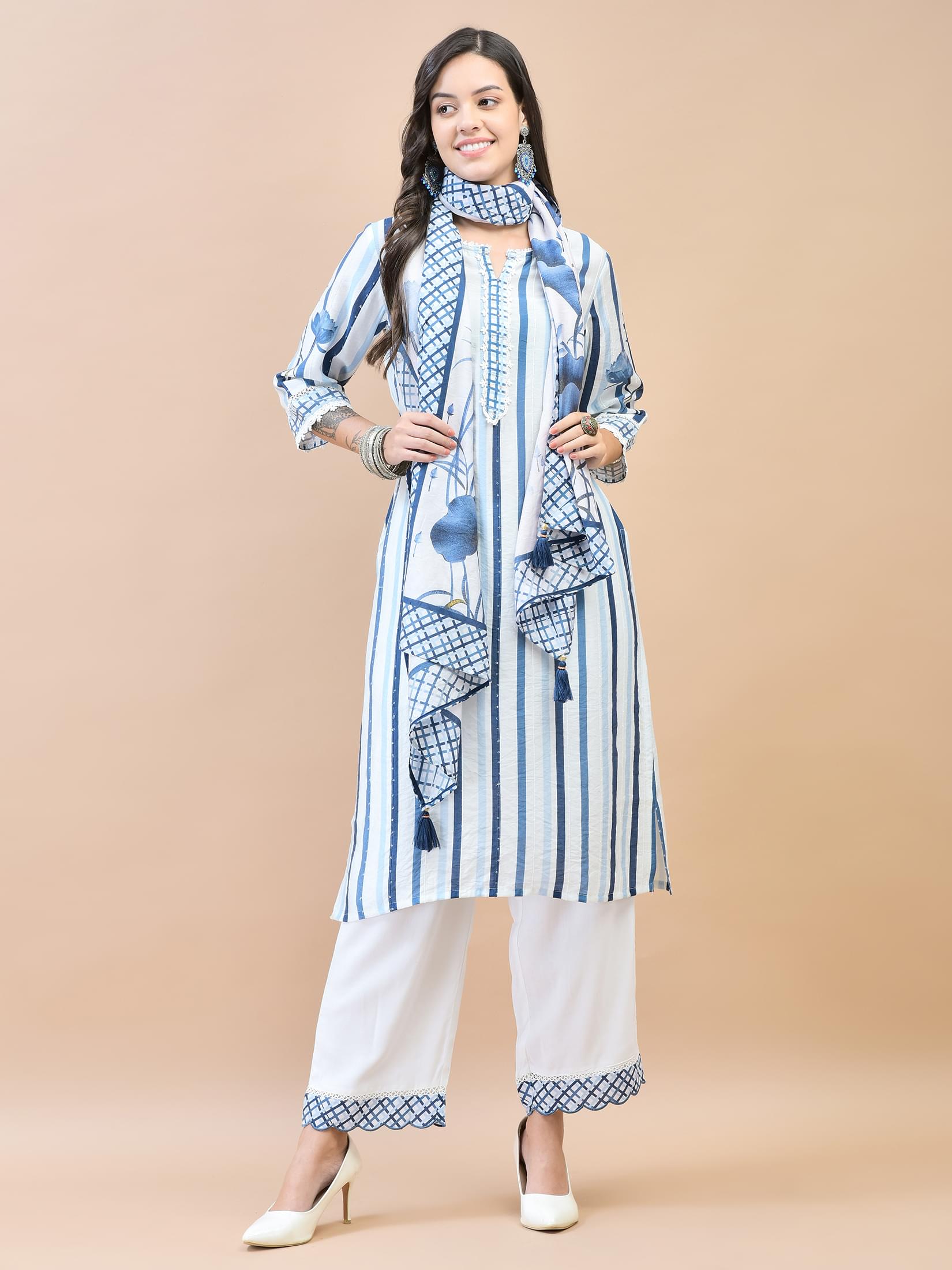Classic white thin stripe pattern print muslin silk premium breathable suit set
