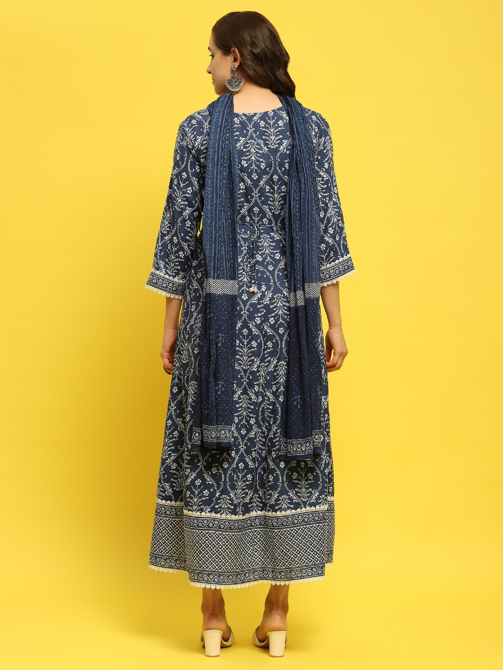 Women Liva Rayon Indigo Floral Print Dress With Dupatta.