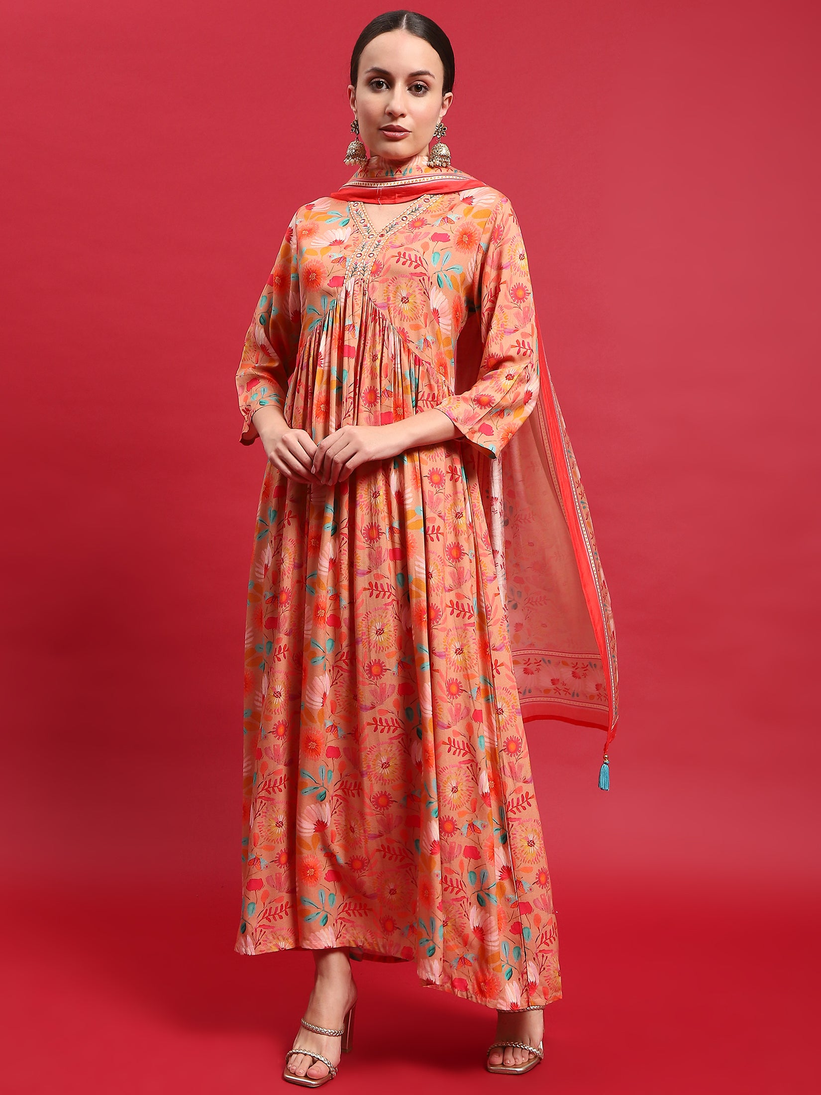 sachin and babi light blue dress Peach Embroidered Dress with Dupatta at Low Cost
