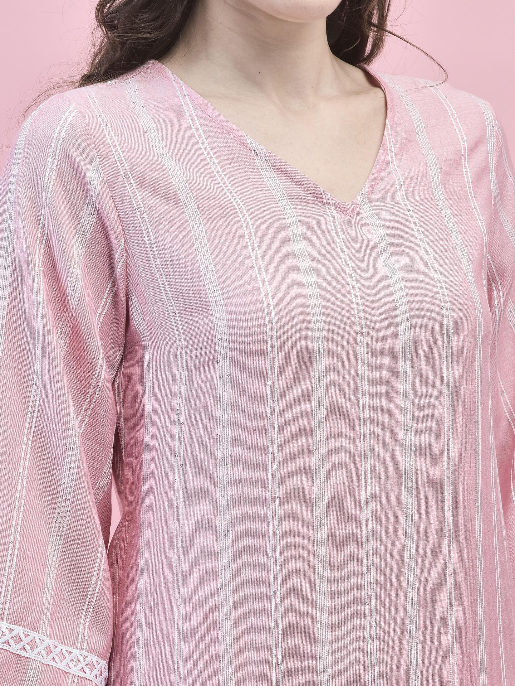 Women Liva Rayon Pink Stripe Print Kurta.