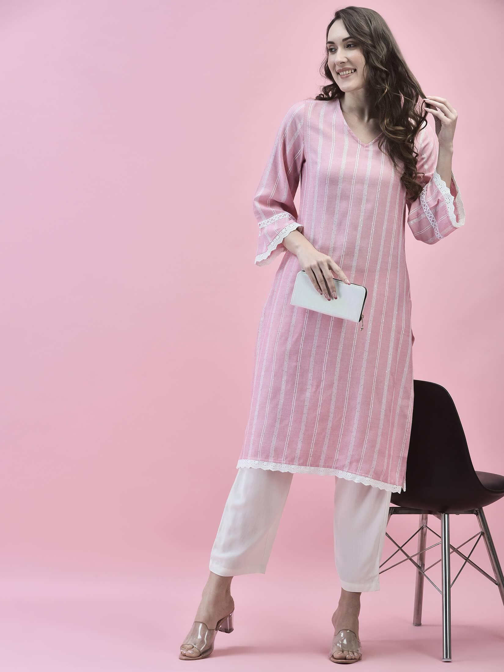 Women Liva Rayon Pink Stripe Print Kurta.