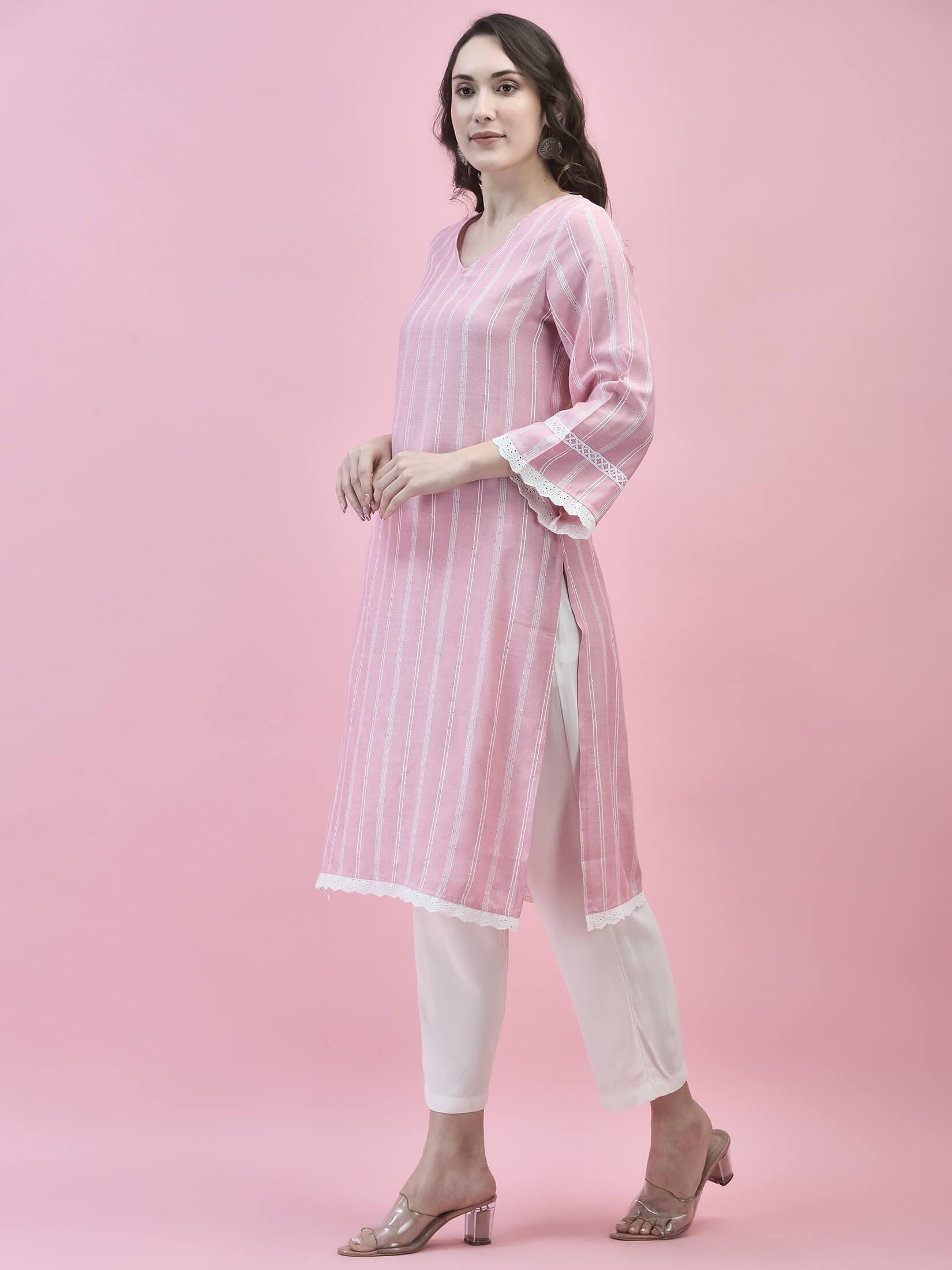 Women Liva Rayon Pink Stripe Print Kurta.