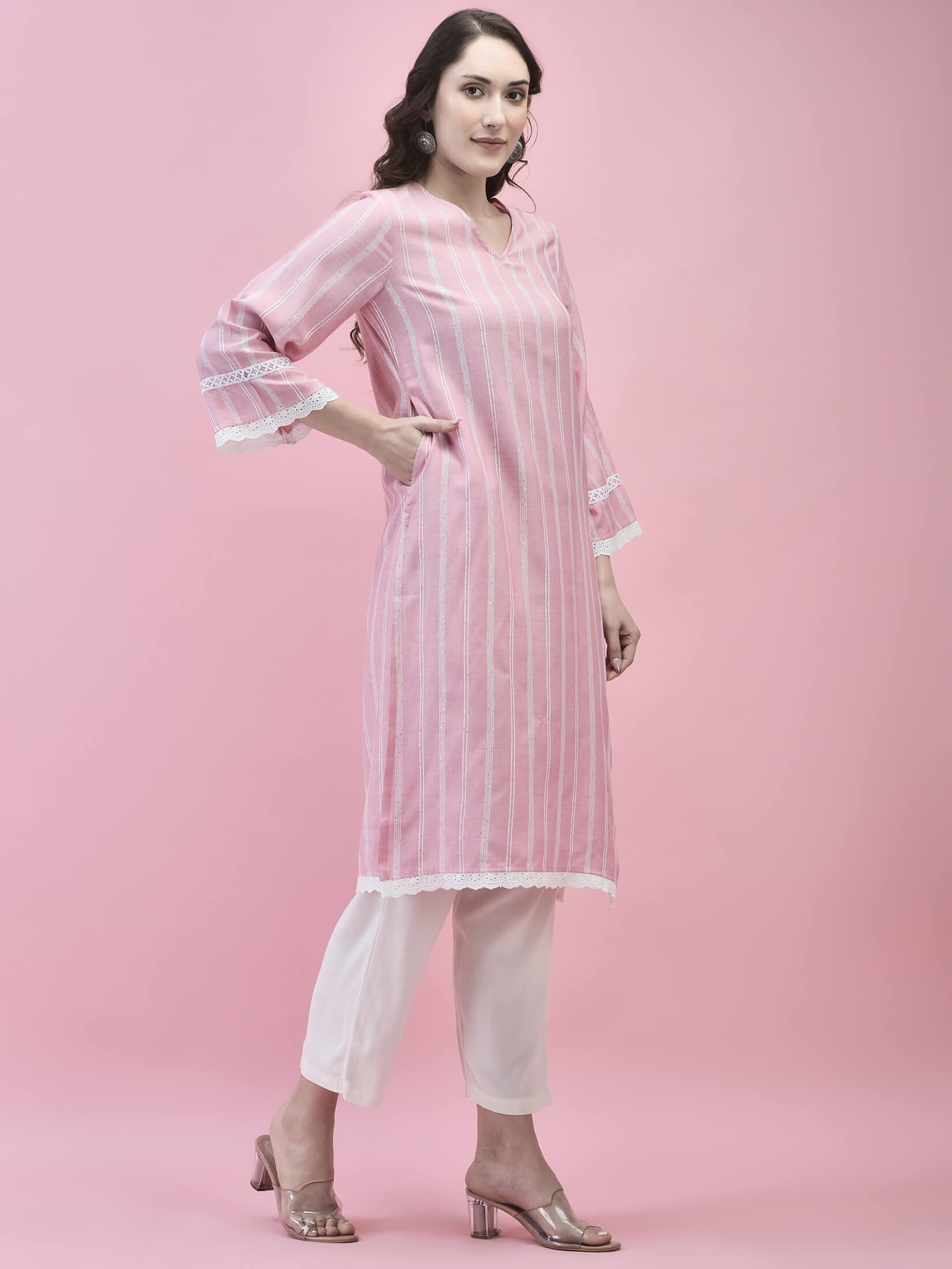 Women Liva Rayon Pink Stripe Print Kurta.
