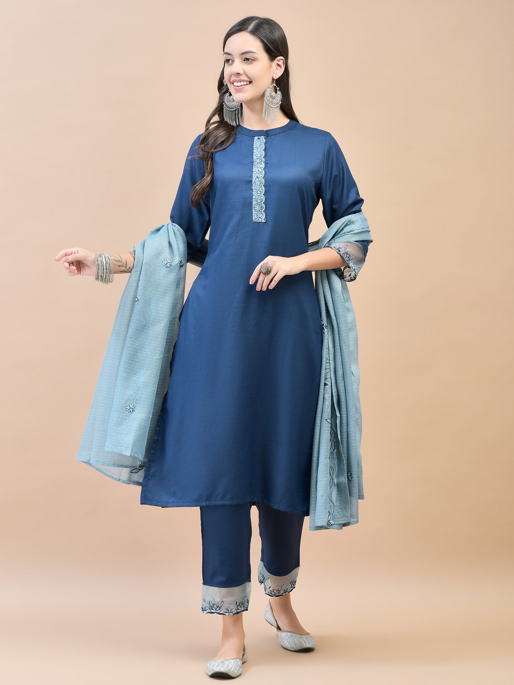 Women Viscose Navy Blue Embroidered Kurta Trouser Dupatta