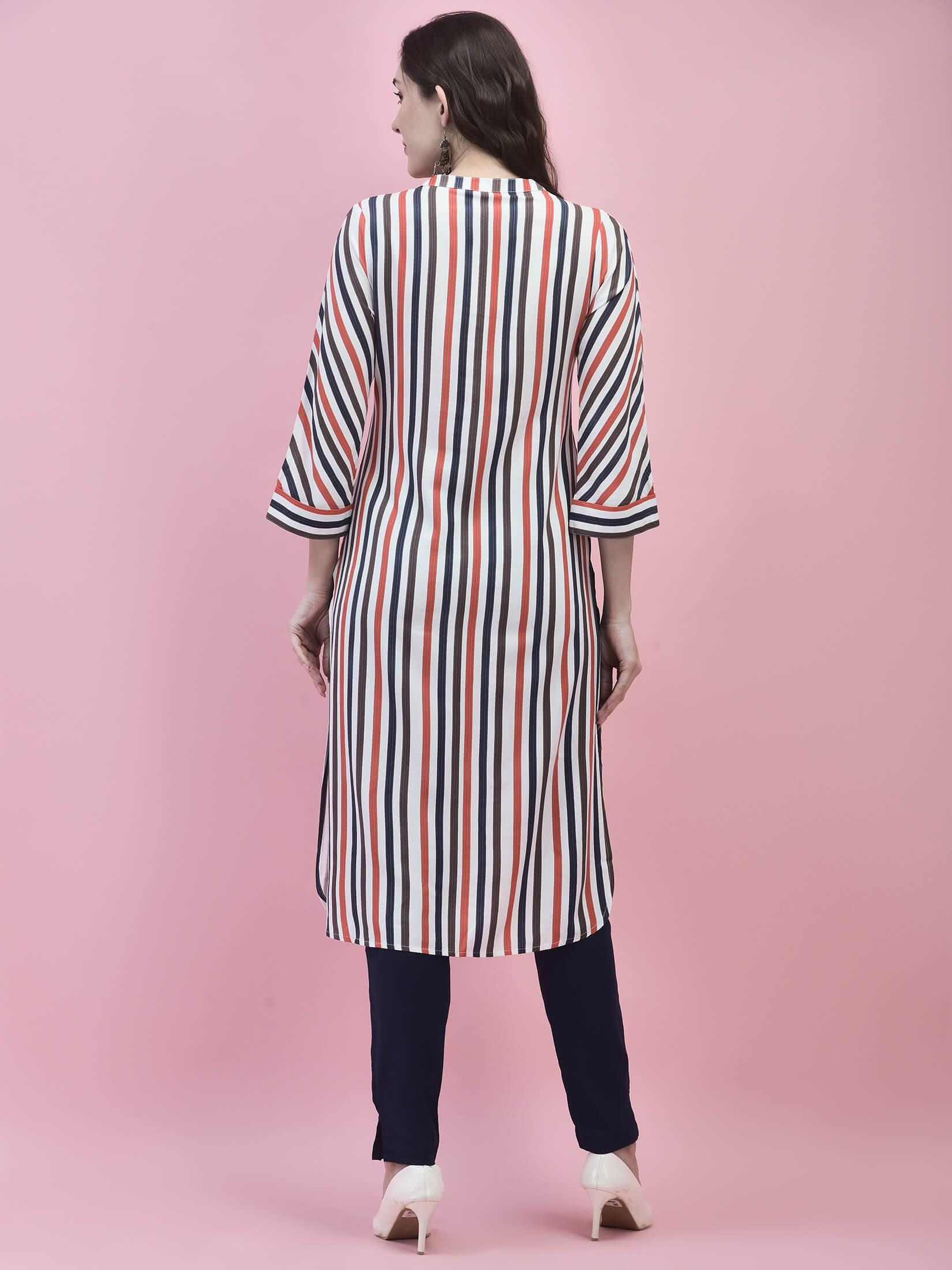 Women Liva Rayon White Stripe Print Kurta.