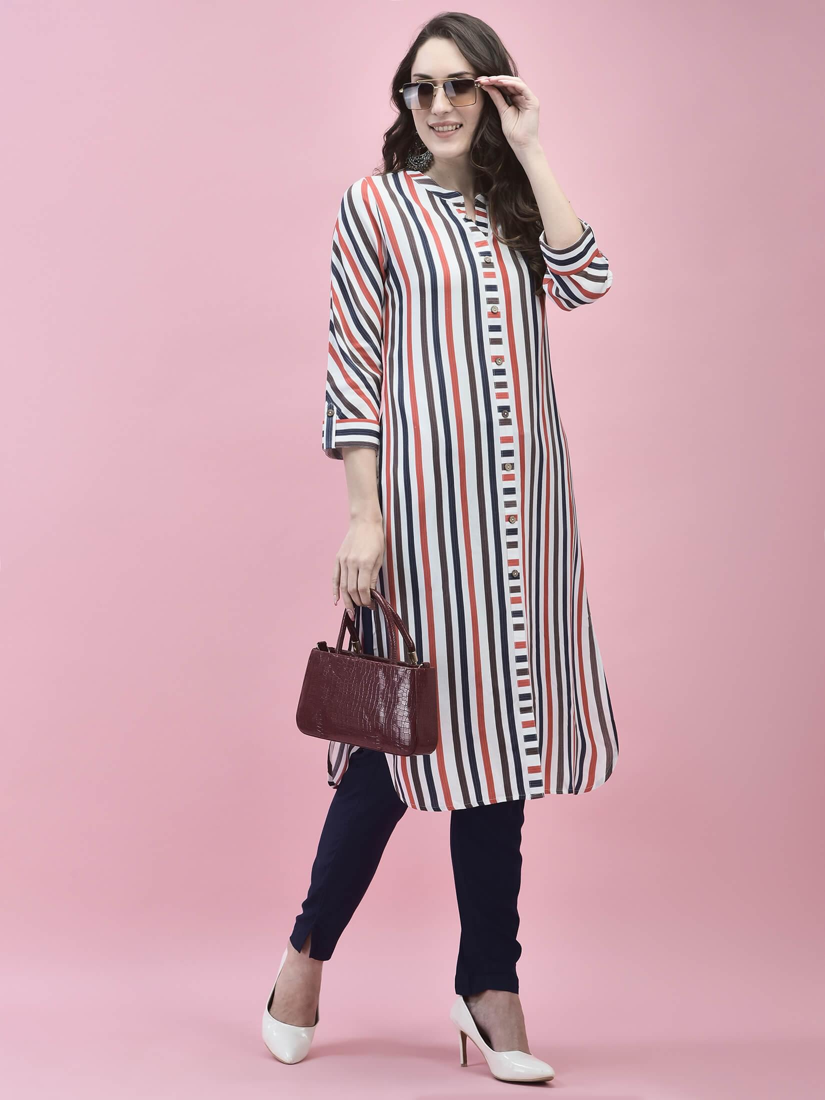 Women Liva Rayon White Stripe Print Kurta.
