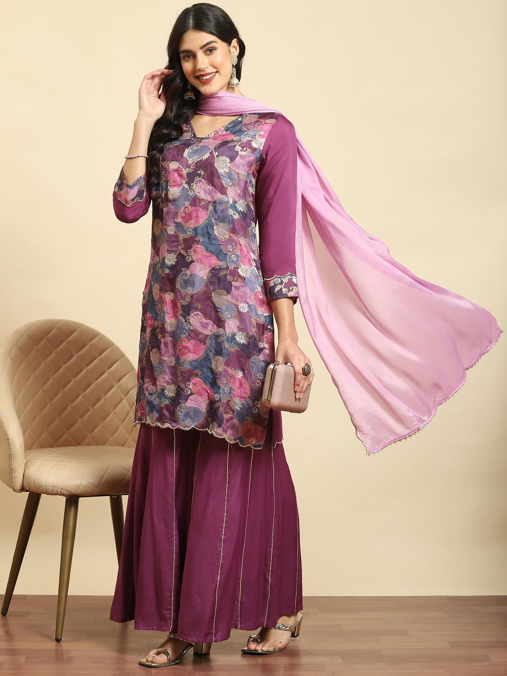 Women Purple Printed Kurta Sharara Dupatta.