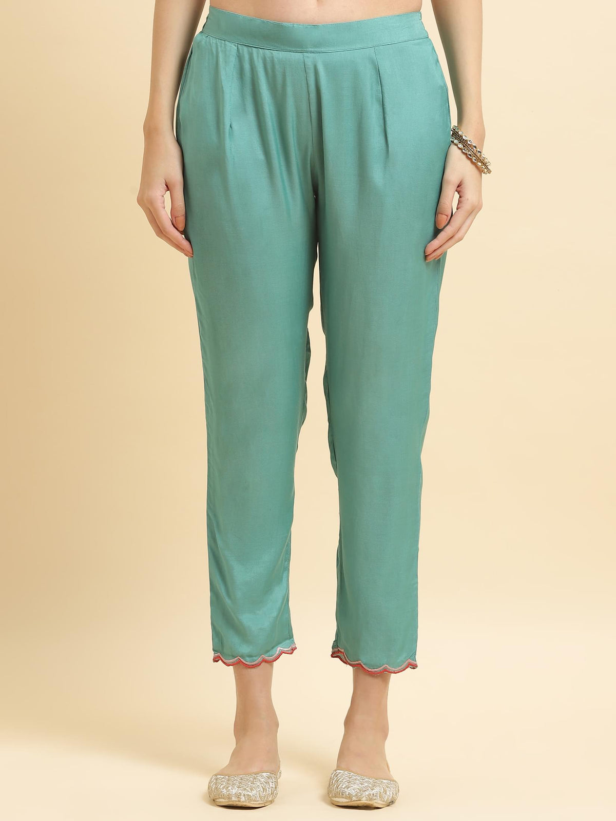 Women Chinon Turquoise Blue Embroidered Kurta Trouser Dupatta.