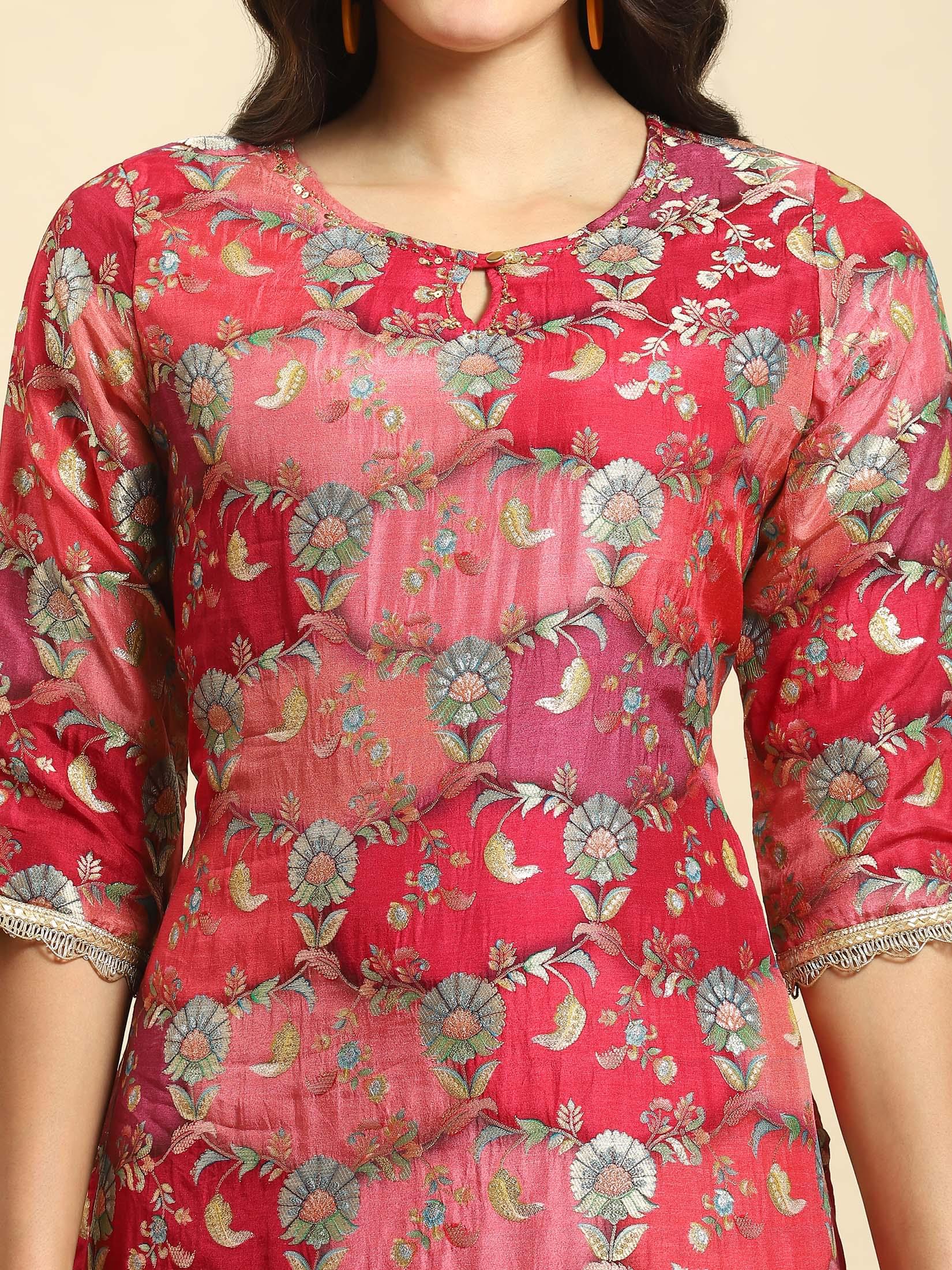 Women Magenta Floral Print Kurta Sharara Dupatta.
