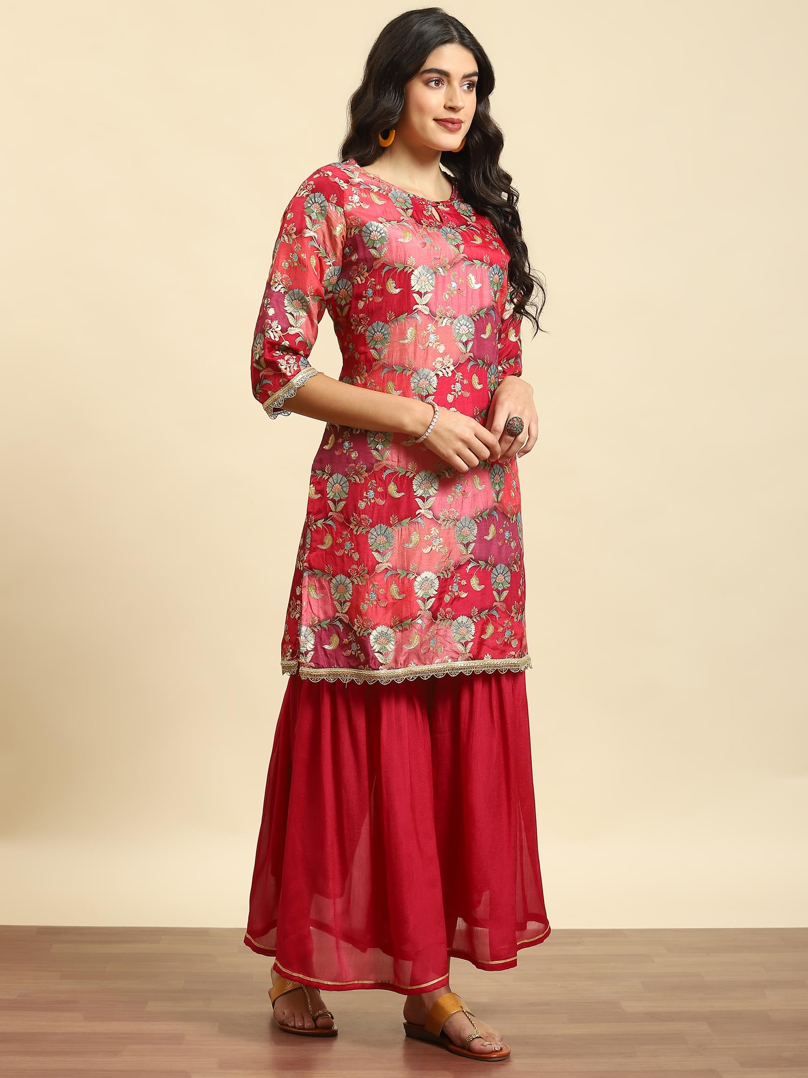 Women Magenta Floral Print Kurta Sharara Dupatta.