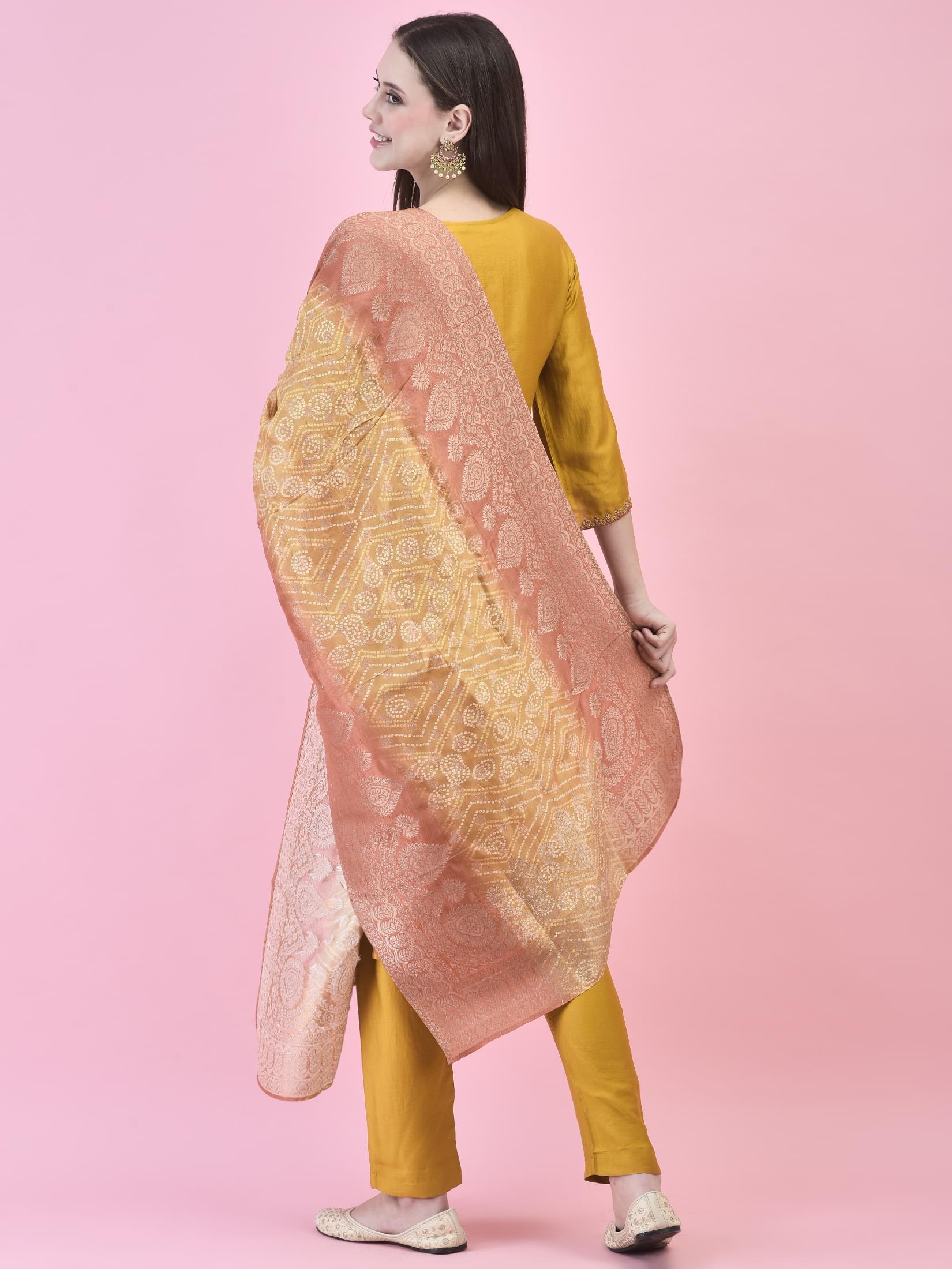 Women Viscose Mustard Embroidered Kurta Trouser Dupatta.