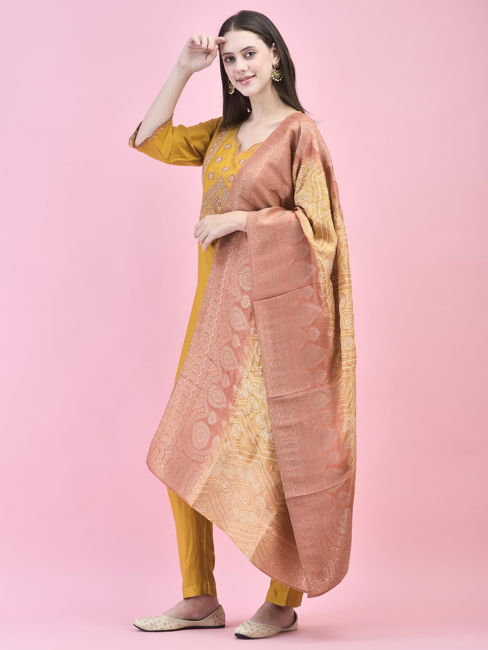 Women Viscose Mustard Embroidered Kurta Trouser Dupatta.