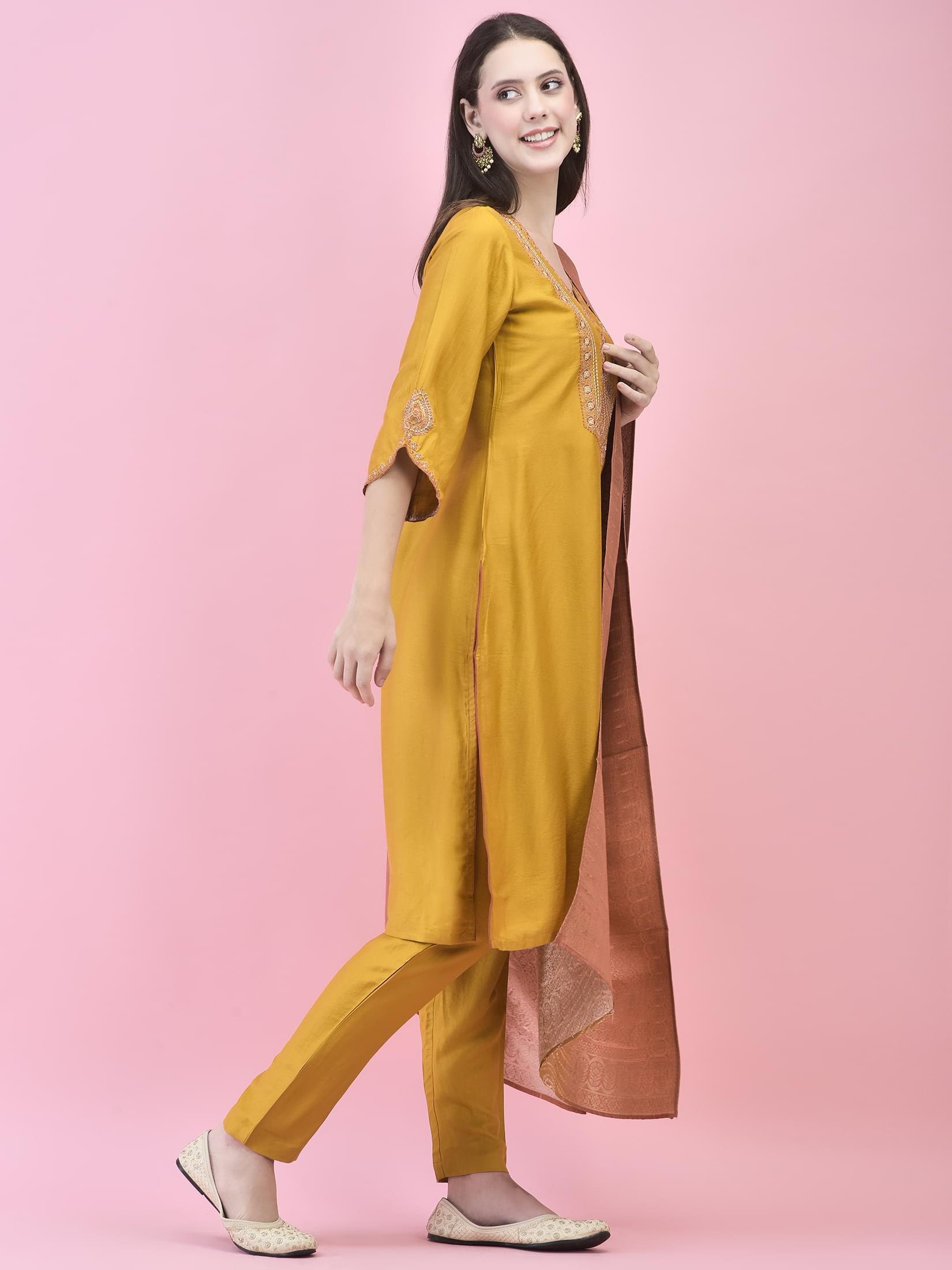 Women Viscose Mustard Embroidered Kurta Trouser Dupatta.