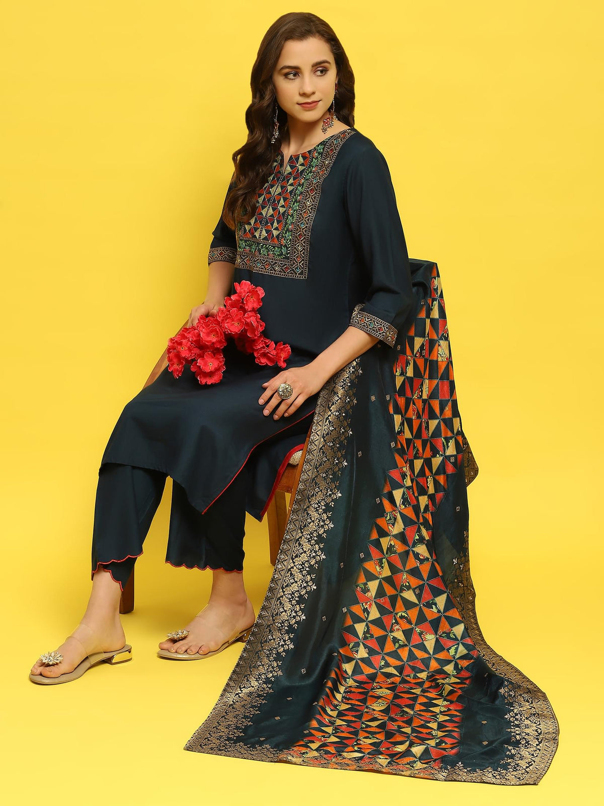 Women Poly Viscose Blue Embroidered Kurta Comfort Pant Dupatta.