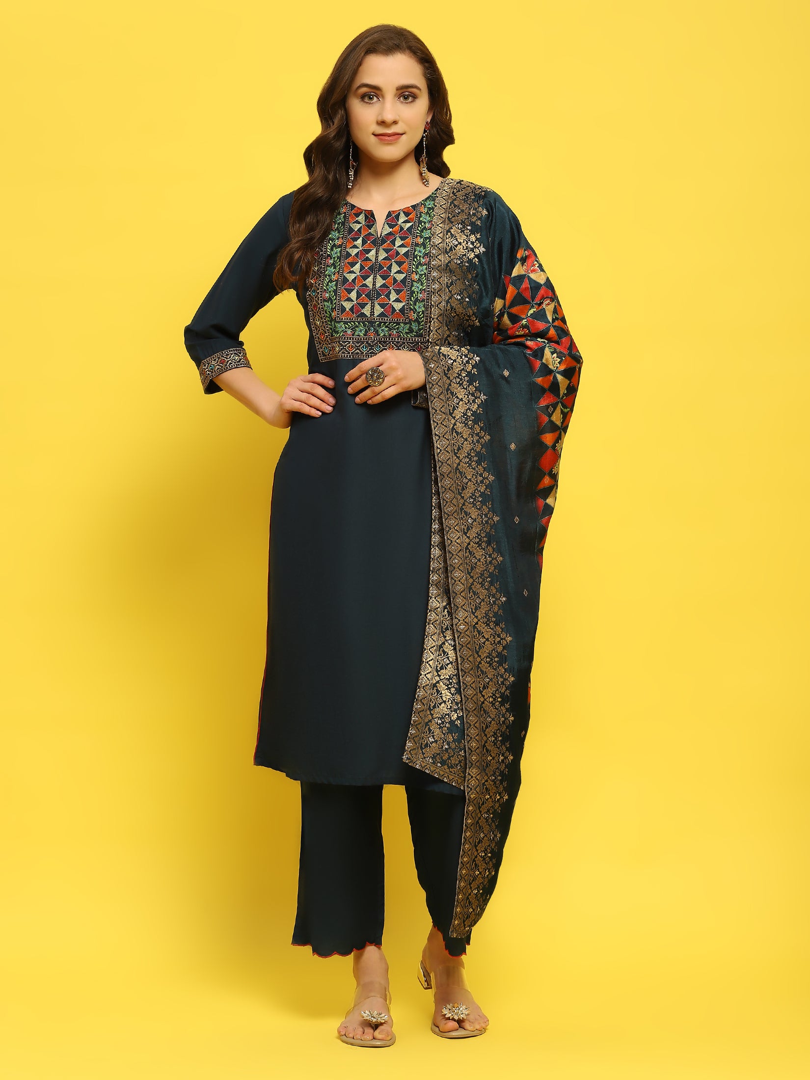 Women Poly Viscose Blue Embroidered Kurta Comfort Pant Dupatta