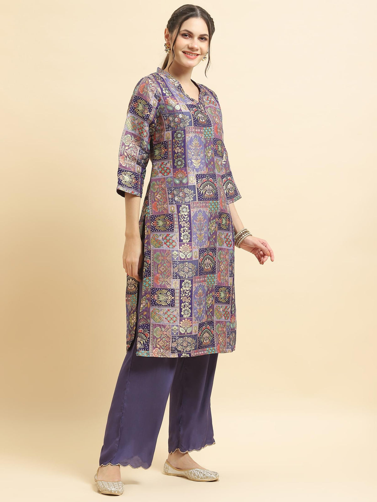 Women Jacquard Purple Ornamental Print Kurta Comfort Pant Dupatta.