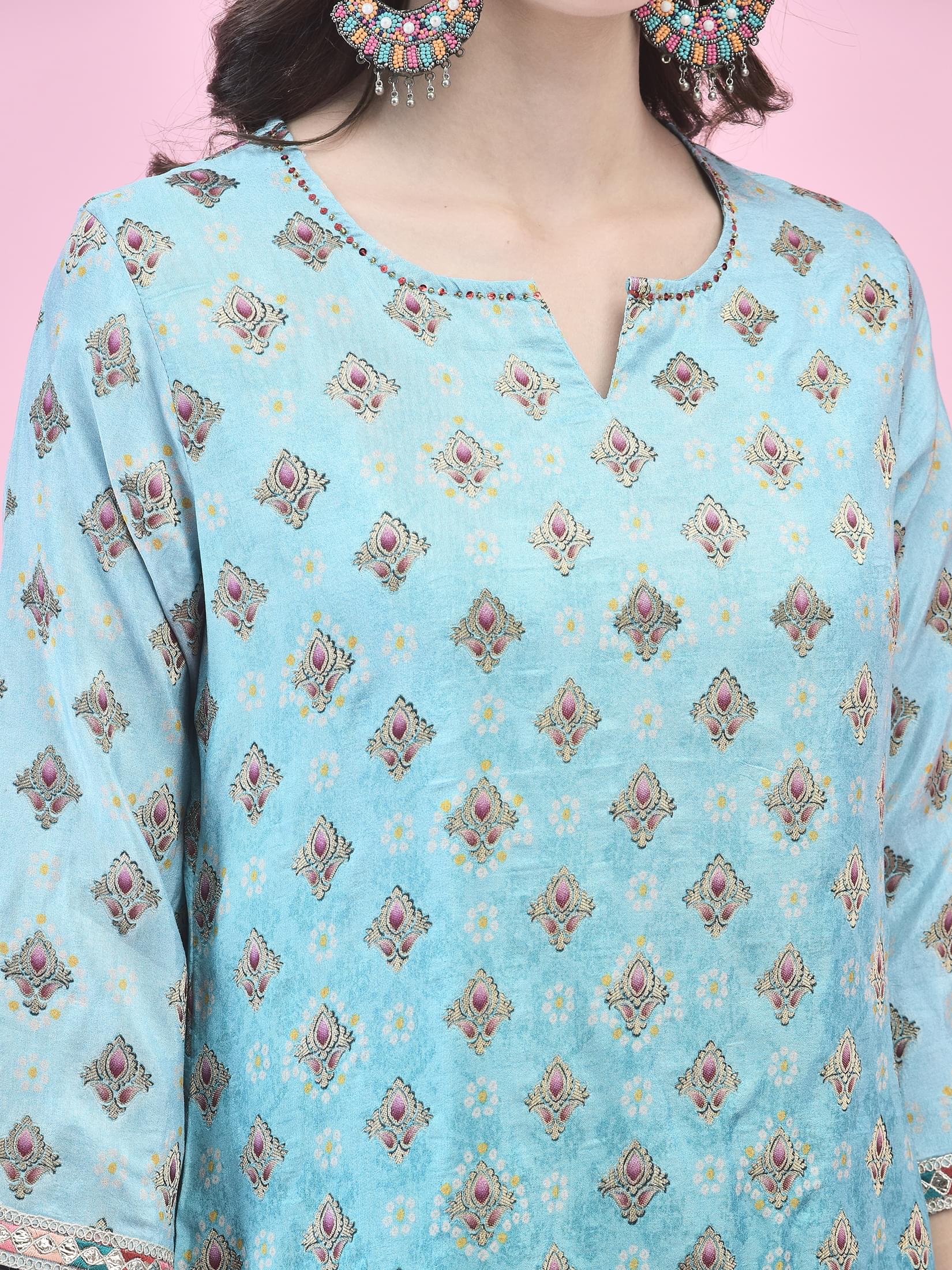 Women Jacquard Blue Ornamental Print Kurta Comfort Pant Dupatta.