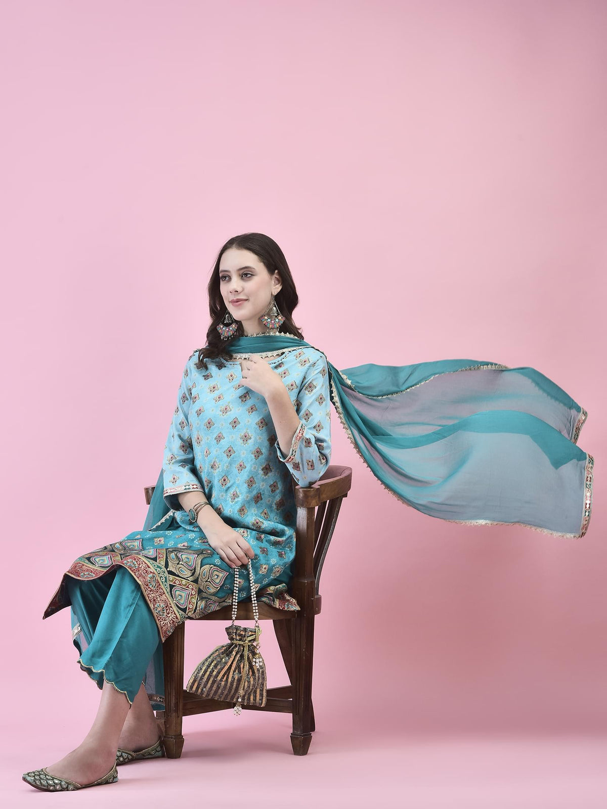 Women Jacquard Blue Ornamental Print Kurta Comfort Pant Dupatta.