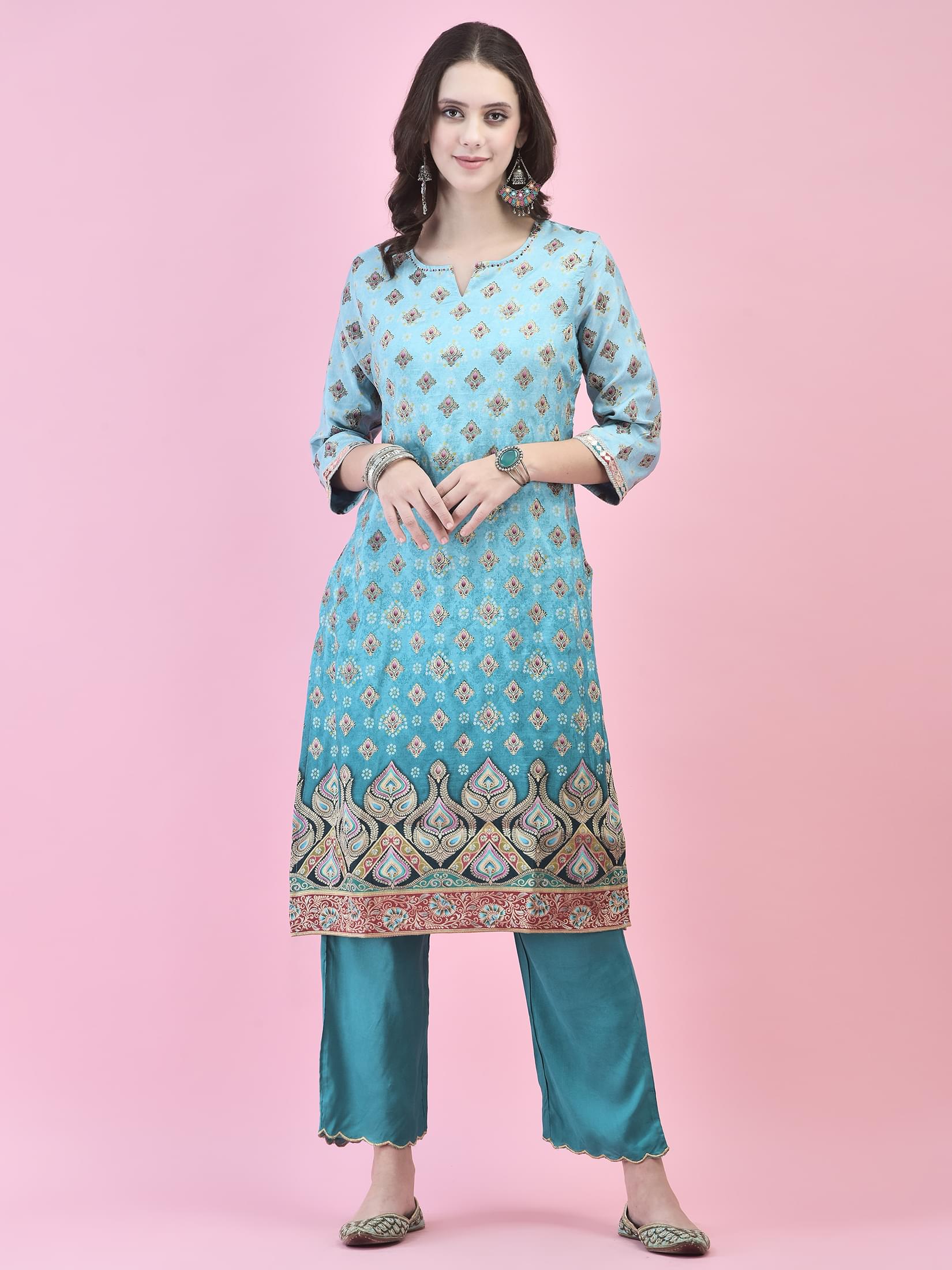 Women Jacquard Blue Ornamental Print Kurta Comfort Pant Dupatta.