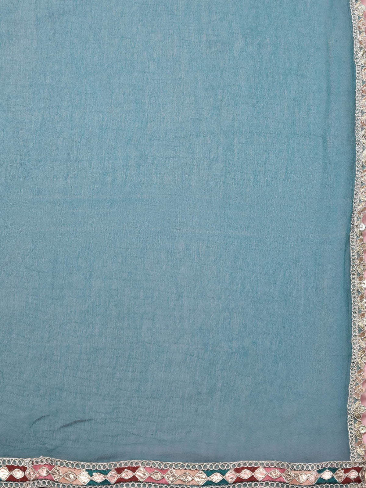 Women Jacquard Blue Ornamental Print Kurta Comfort Pant Dupatta.