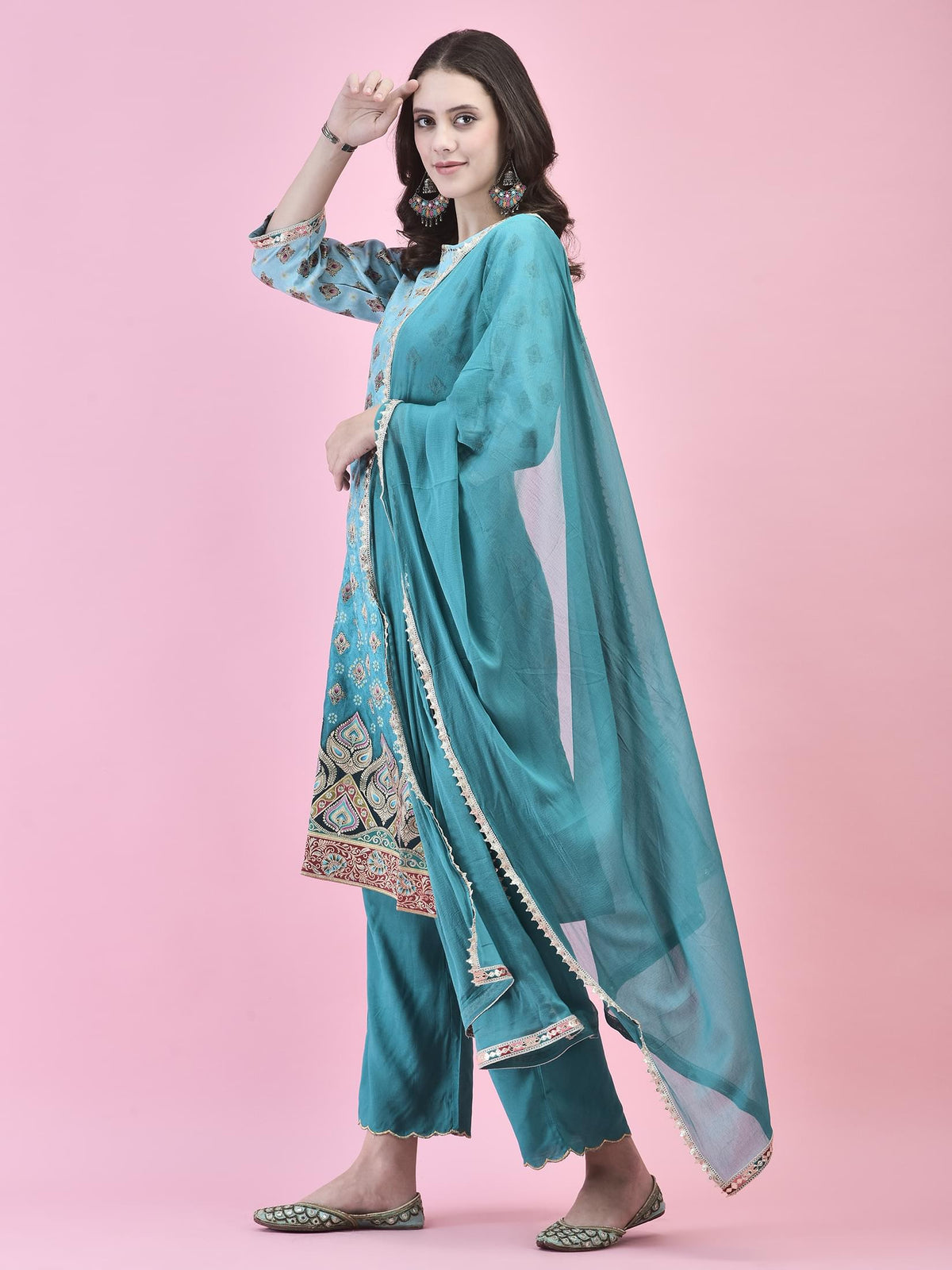 Women Jacquard Blue Ornamental Print Kurta Comfort Pant Dupatta.