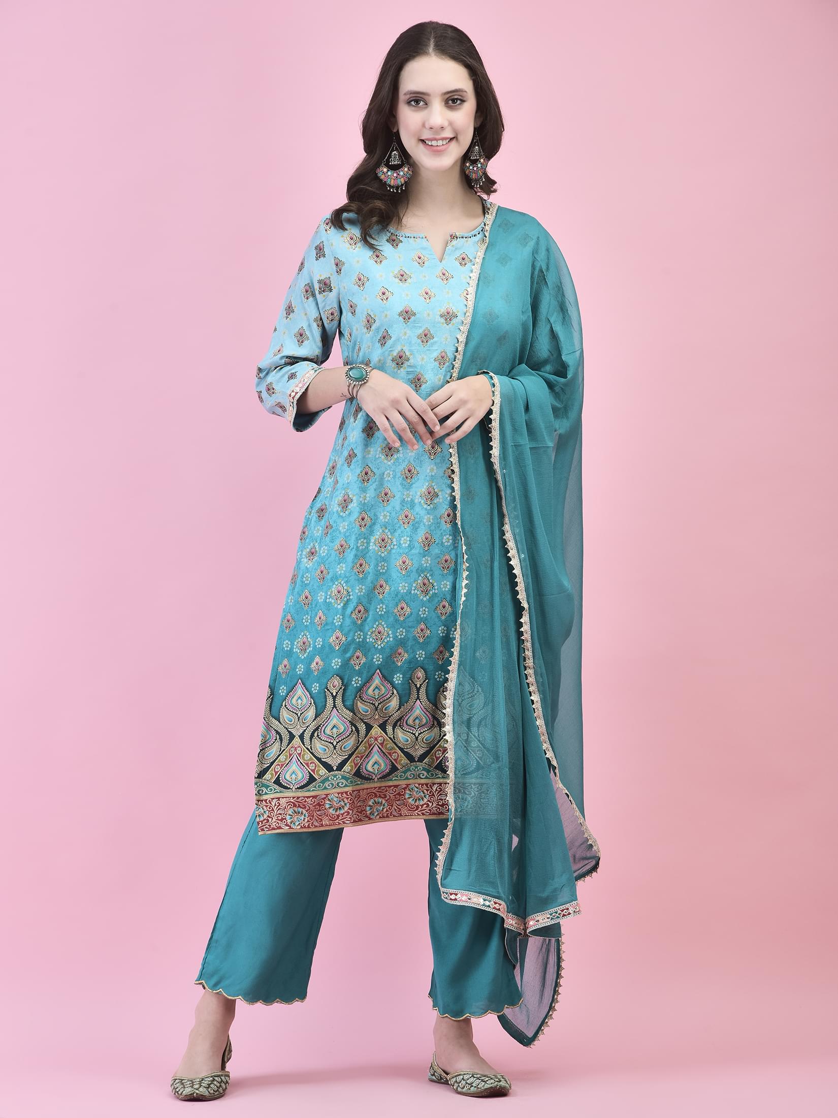 Women Jacquard Blue Ornamental Print Kurta Comfort Pant Dupatta.