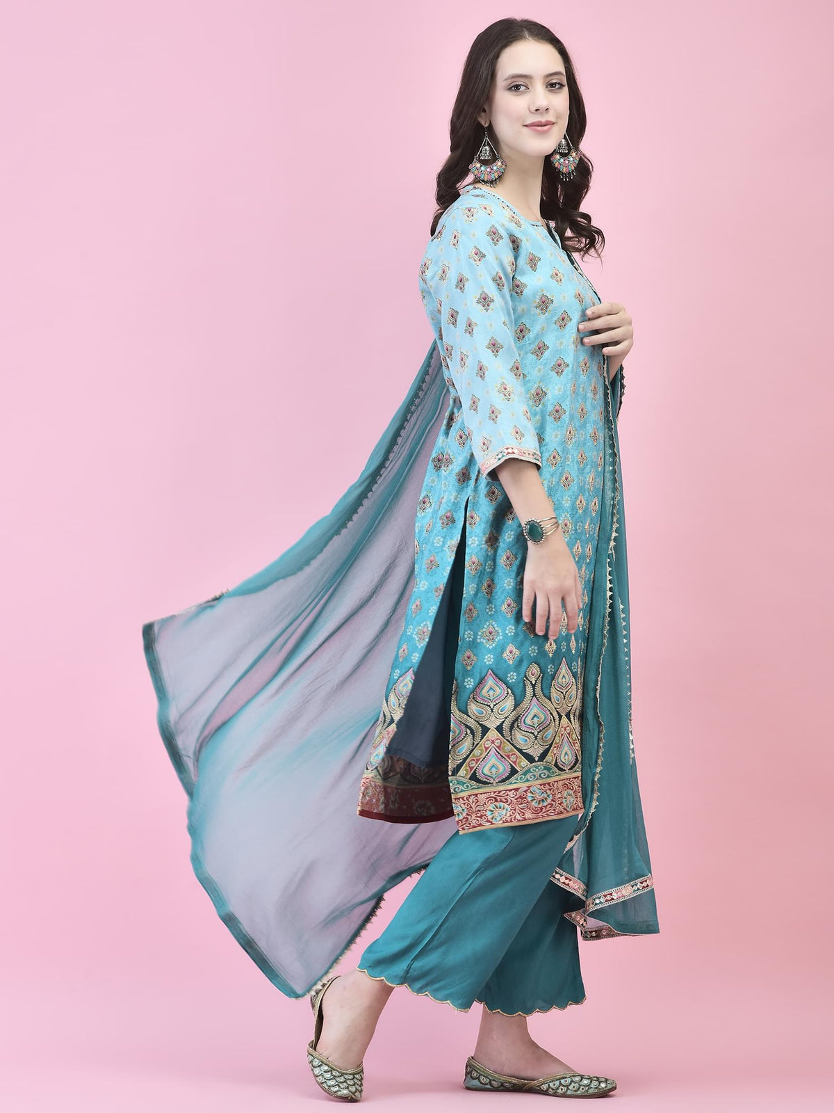 Women Jacquard Blue Ornamental Print Kurta Comfort Pant Dupatta.