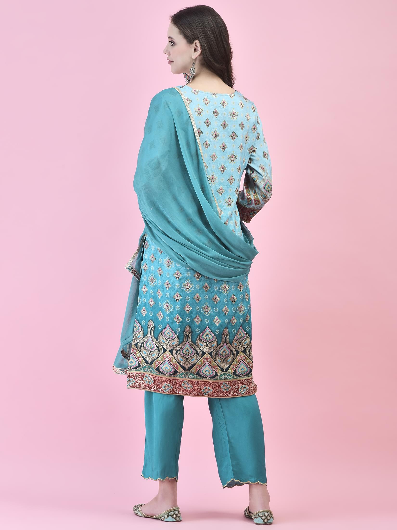 Women Jacquard Blue Ornamental Print Kurta Comfort Pant Dupatta.
