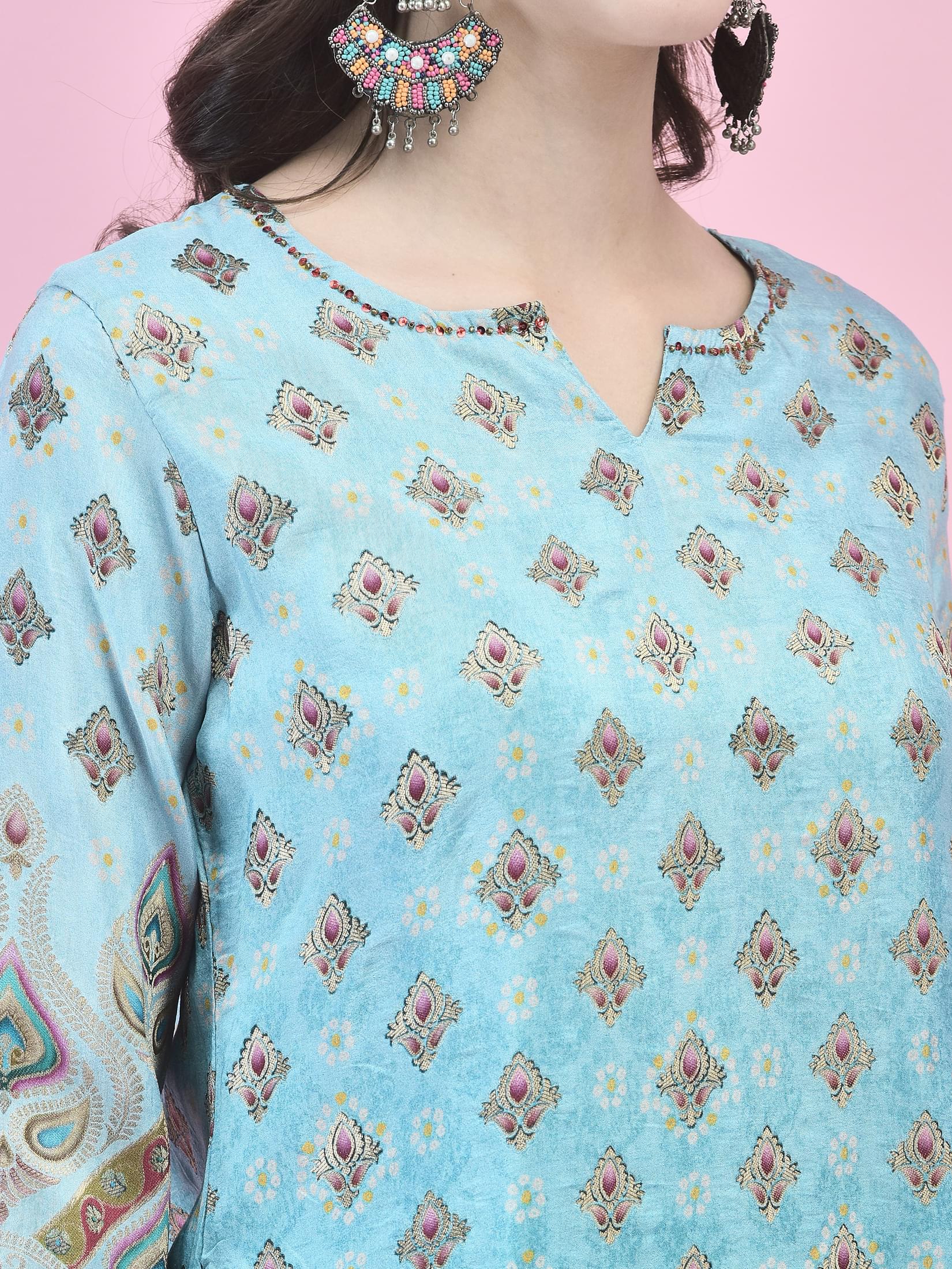 Women Jacquard Blue Ornamental Print Kurta Comfort Pant Dupatta.