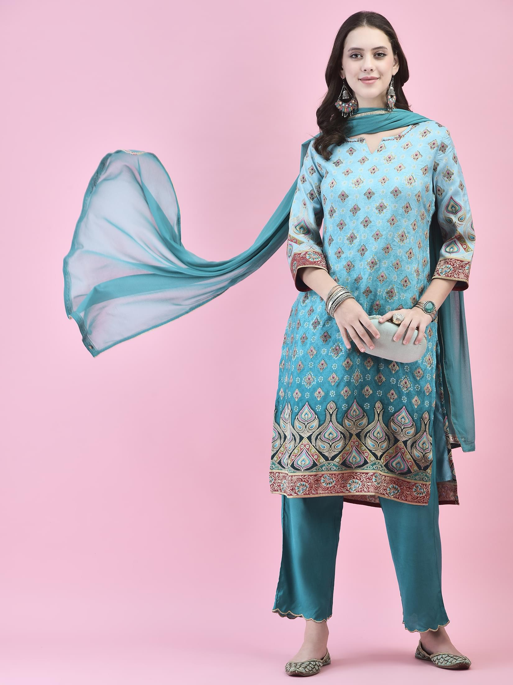 Women Jacquard Blue Ornamental Print Kurta Comfort Pant Dupatta.